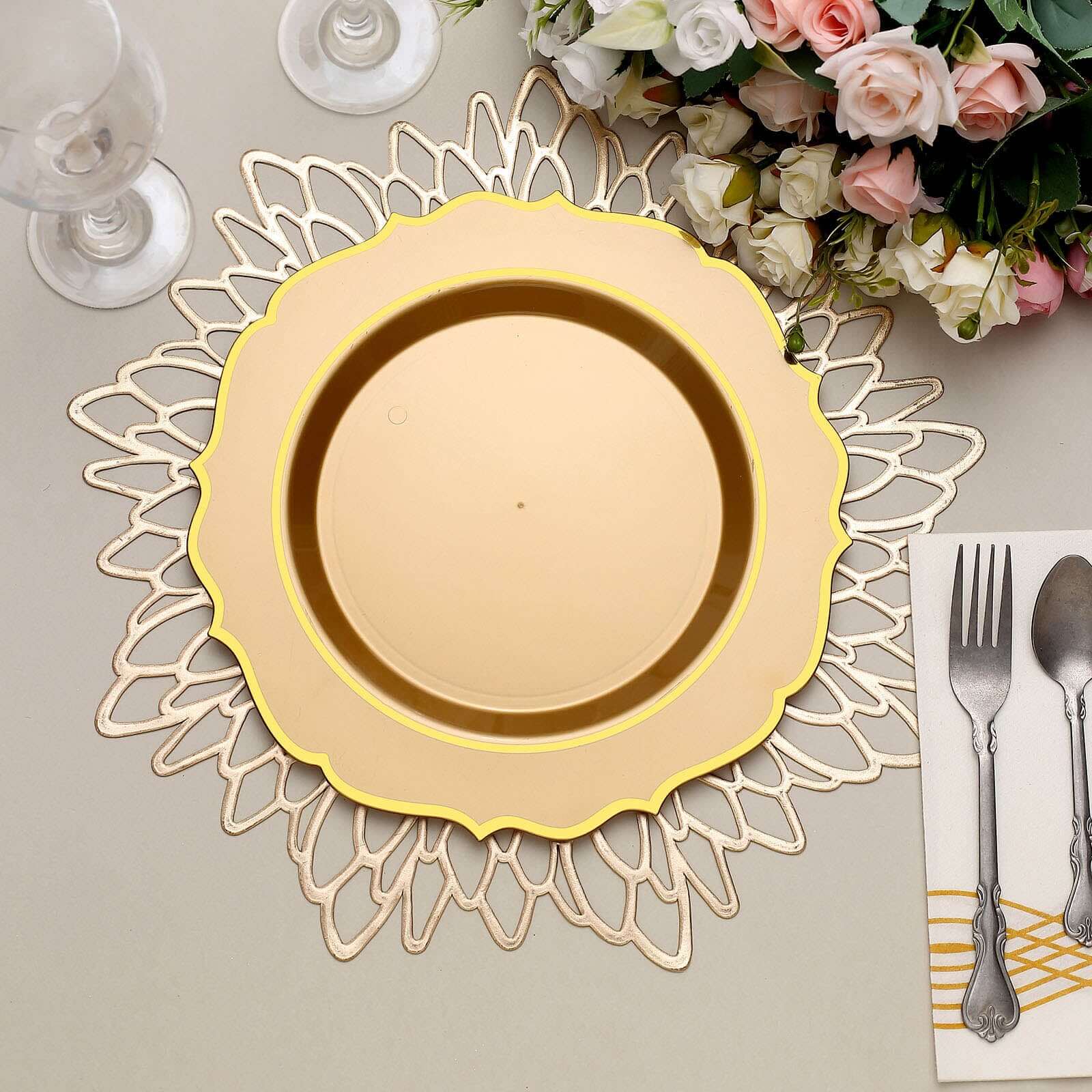 10-Pack Plastic Round Dinner Plates 10" Gold with Gold Scalloped Rim - Disposable Party Plates - Image 2