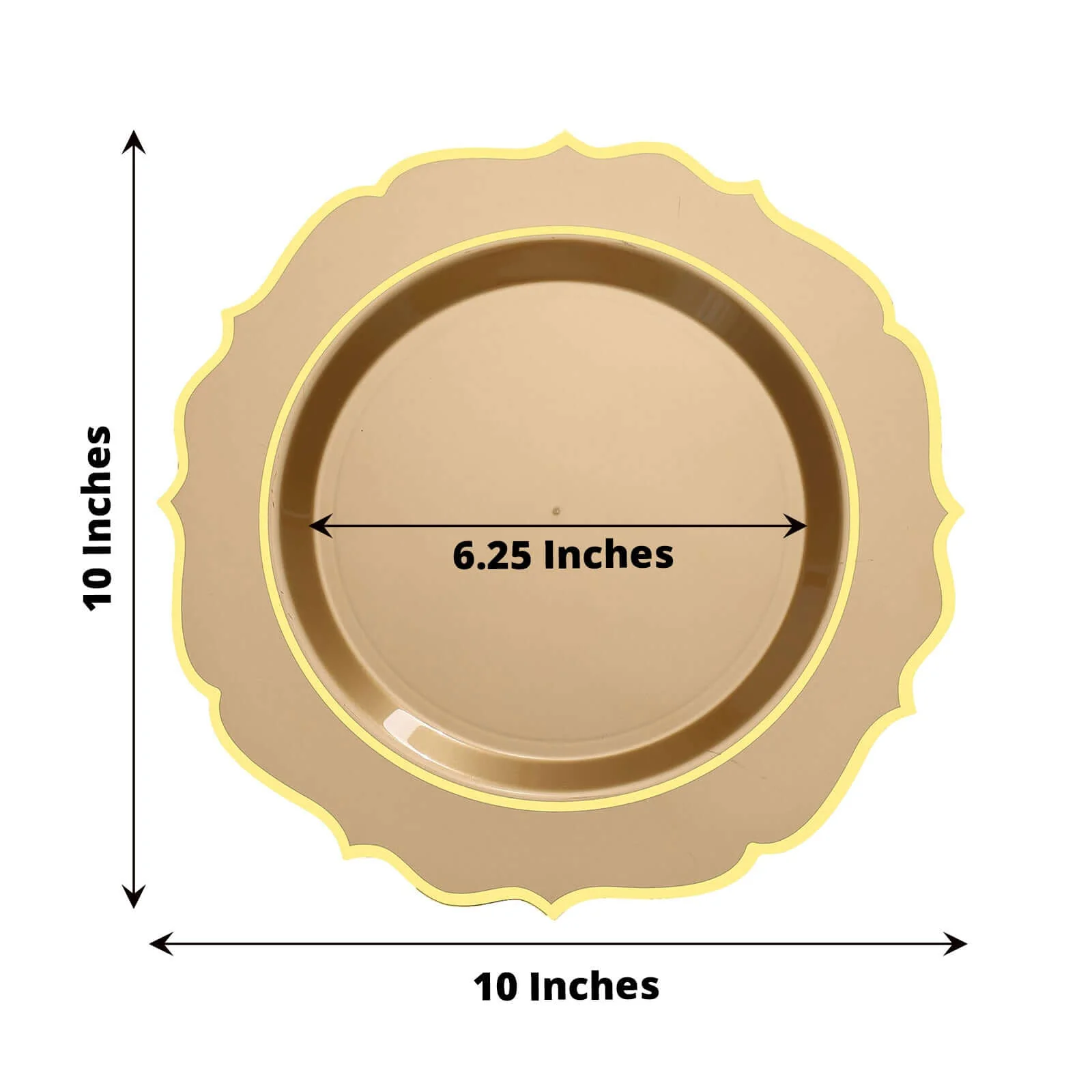 10-Pack Plastic Round Dinner Plates 10" Gold with Gold Scalloped Rim - Disposable Party Plates - Image 3