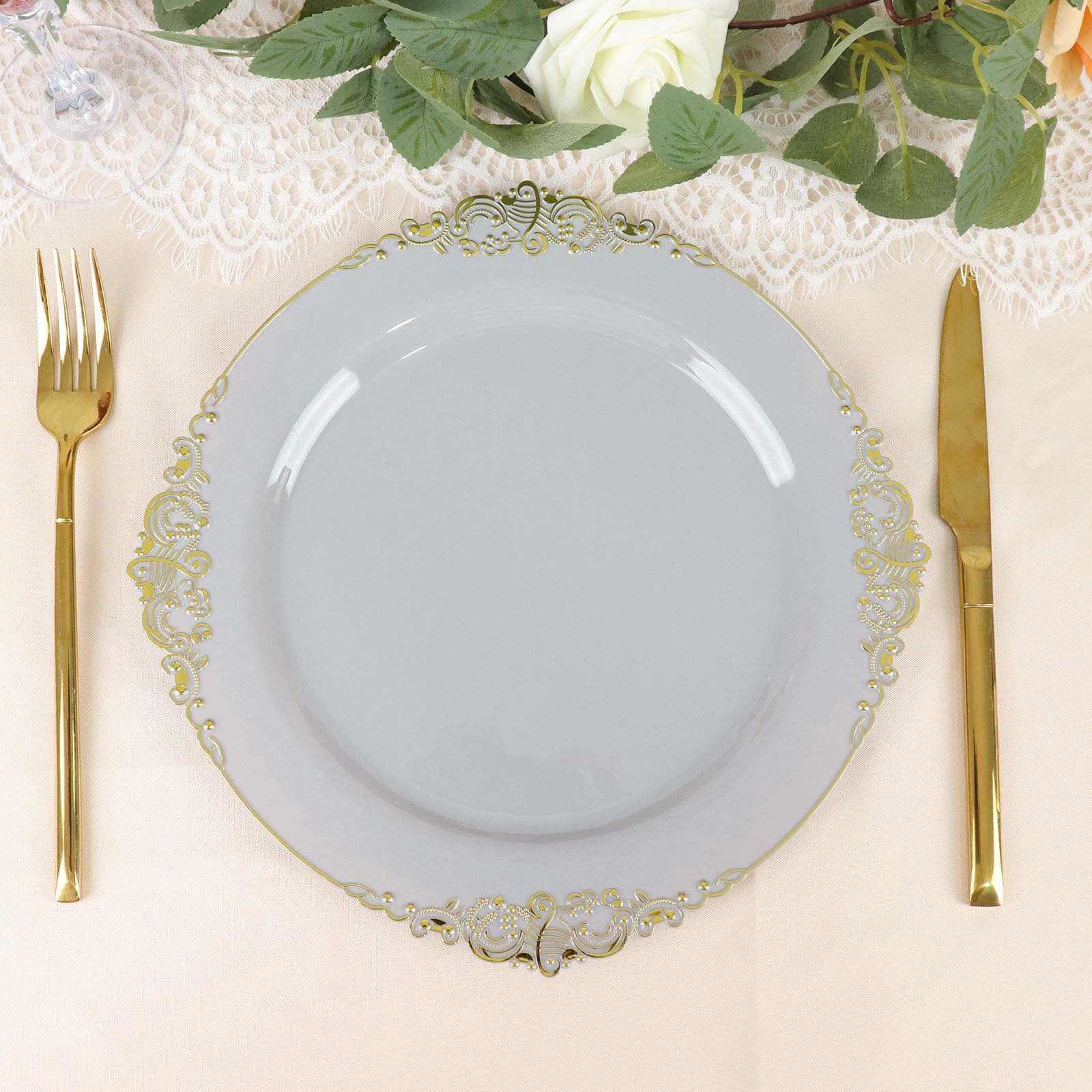 10-Pack Plastic Round Dinner Plates 10" Gray with Gold Leaf Embossed Rim - Vintage Baroque Style Disposable Plates - Image 8