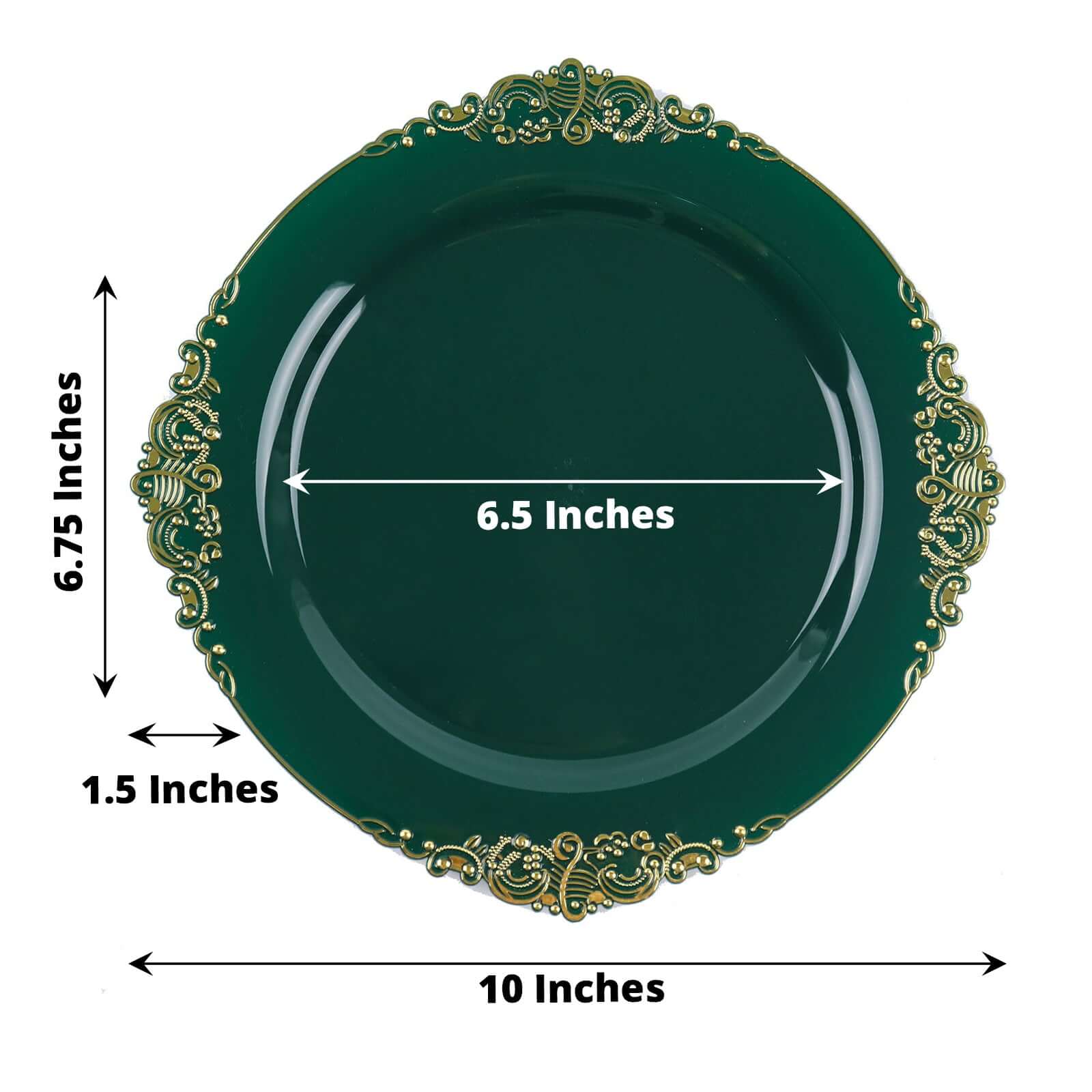 10-Pack Plastic Round Dinner Plates 10" Hunter Emerald Green with Gold Leaf Embossed Rim - Vintage Baroque Style Disposable Plates - Image 3