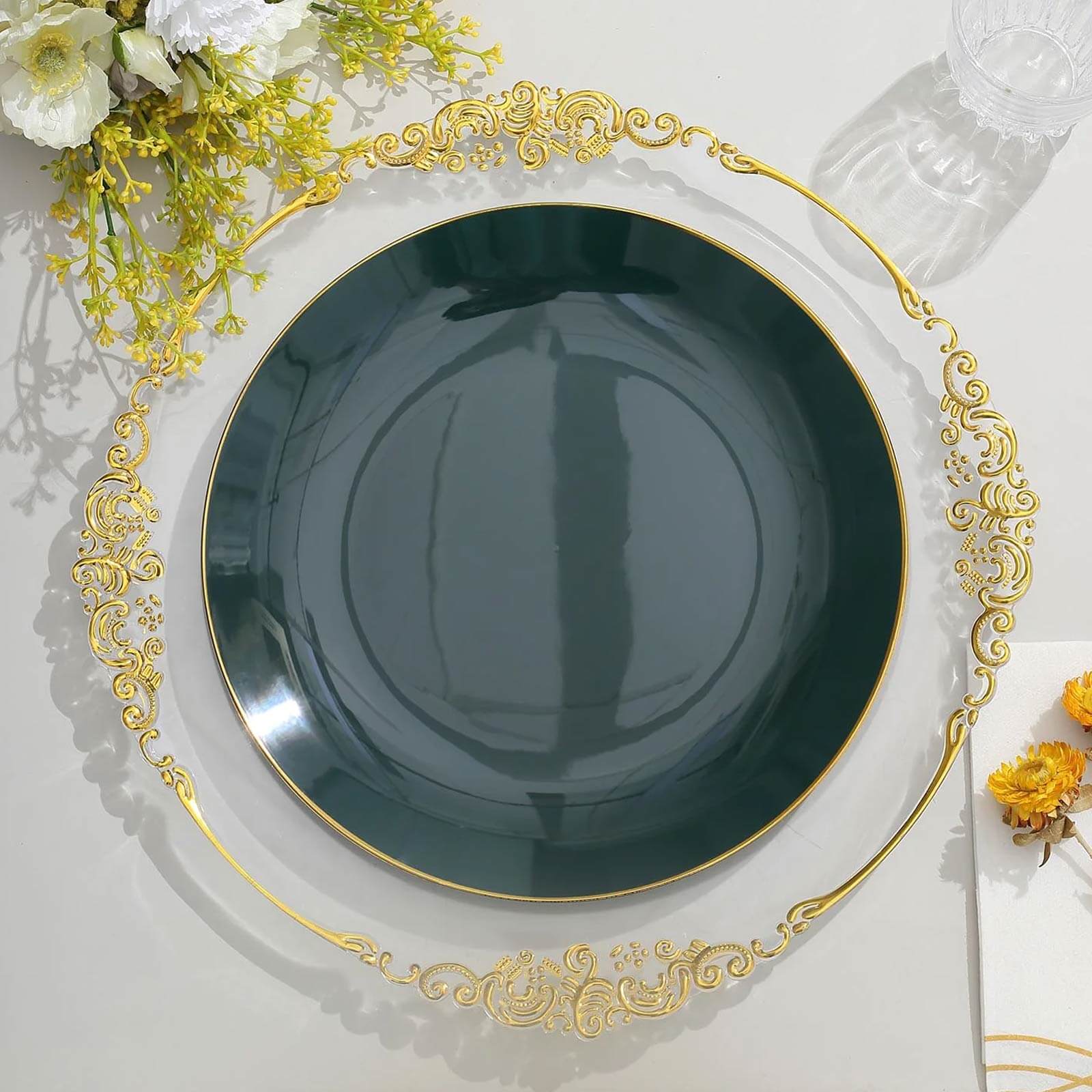 10-Pack Plastic Round Dinner Plates 10" Hunter Emerald Green with Gold Rim - Glossy Disposable Party Plates - Image 7