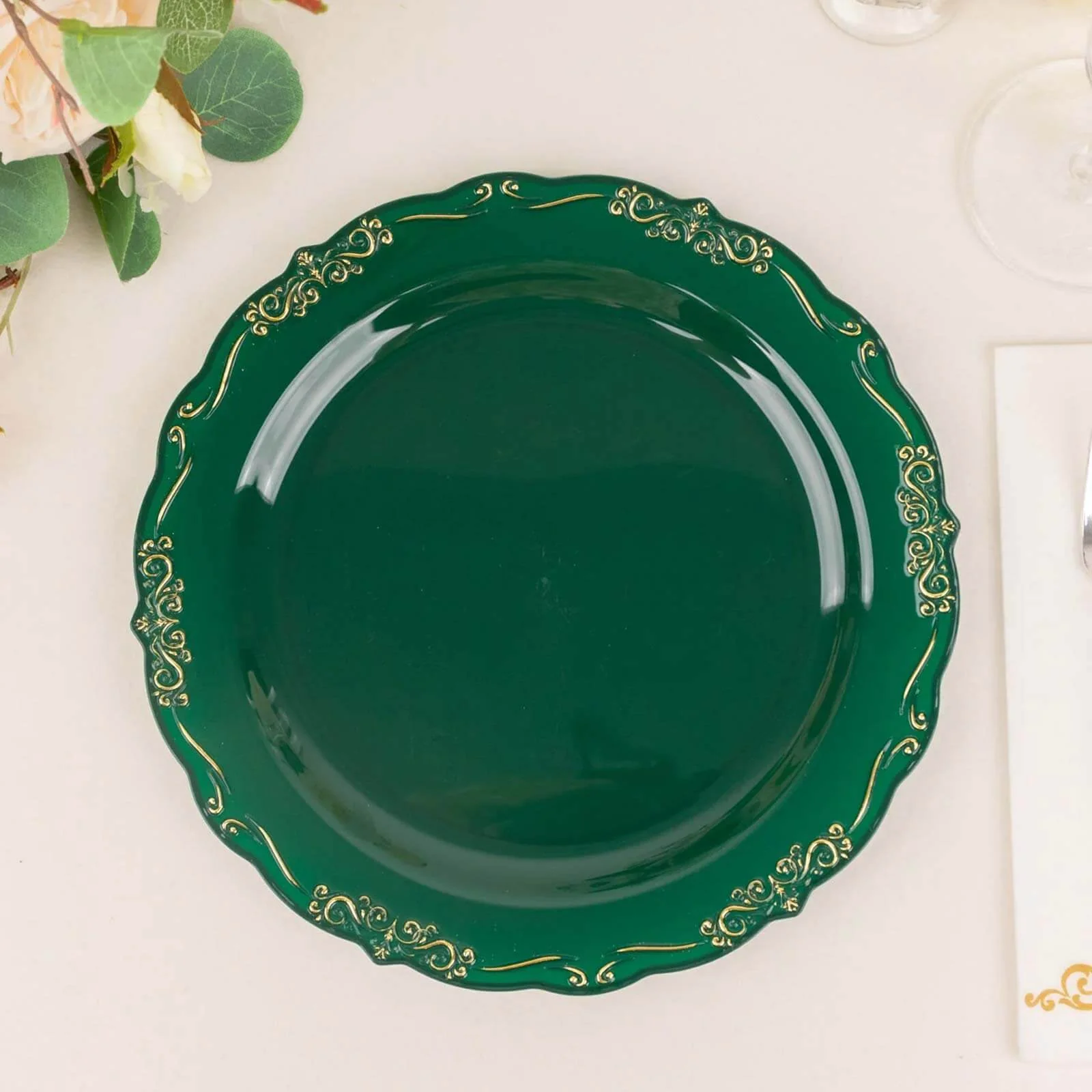 10-Pack Plastic Round Dinner Plates 10" Hunter Emerald Green with Gold Vintage Embossed Rim & Scalloped Edges - Sturdy Disposable Party Plates