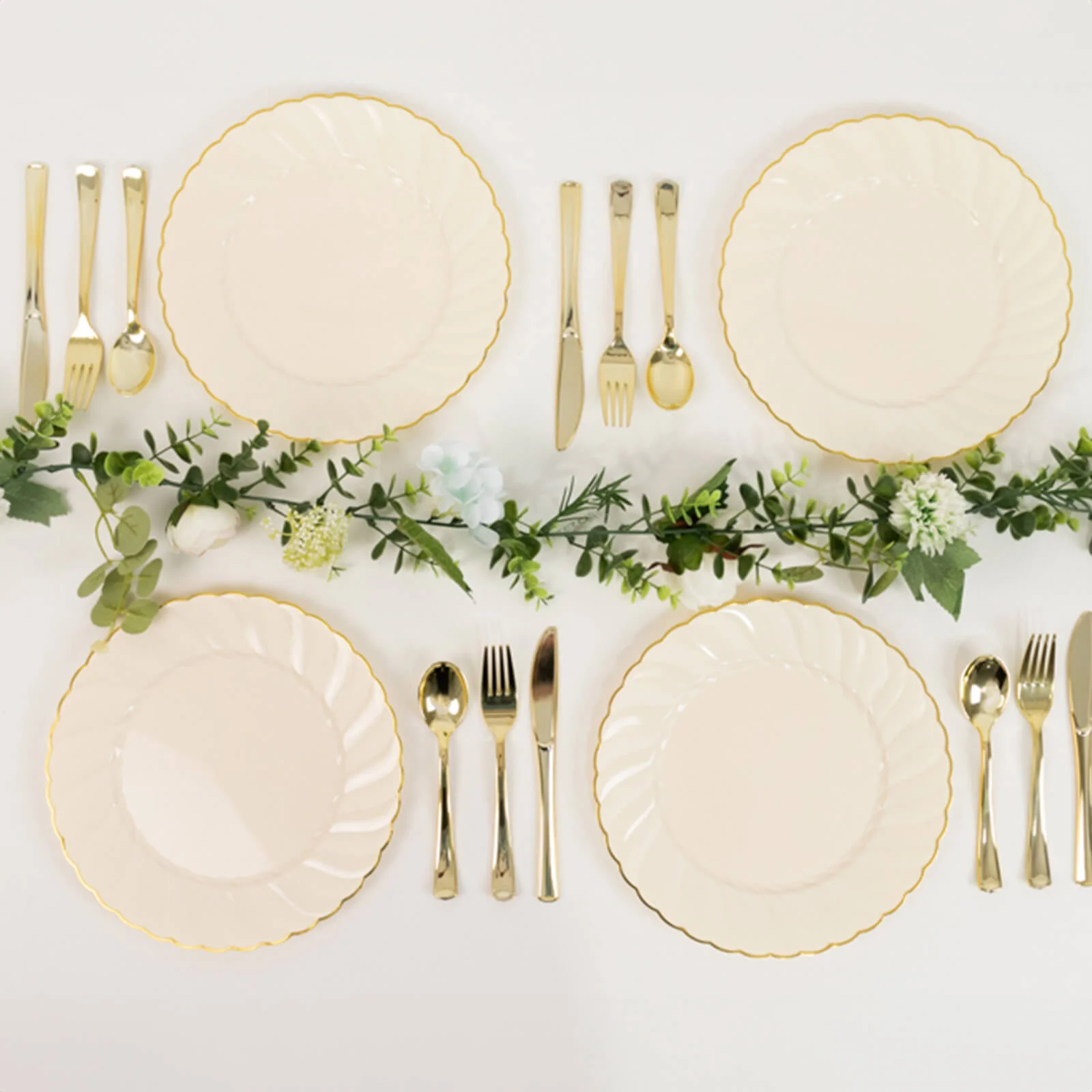 10-Pack Plastic Round Dinner Plates 10" Ivory with Gold Flair Rim - Disposable Party Plates for Classy Events & Celebrations - Image 2
