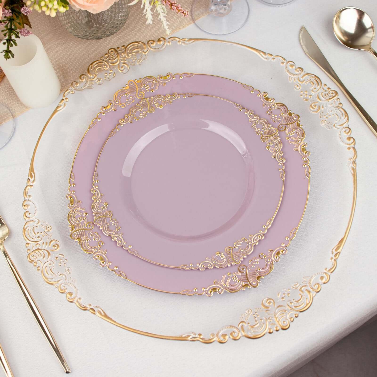 10-Pack Plastic Round Dinner Plates 10" Lavender Lilac with Gold Leaf Embossed Rim - Vintage Baroque Style Disposable Plates - Image 2