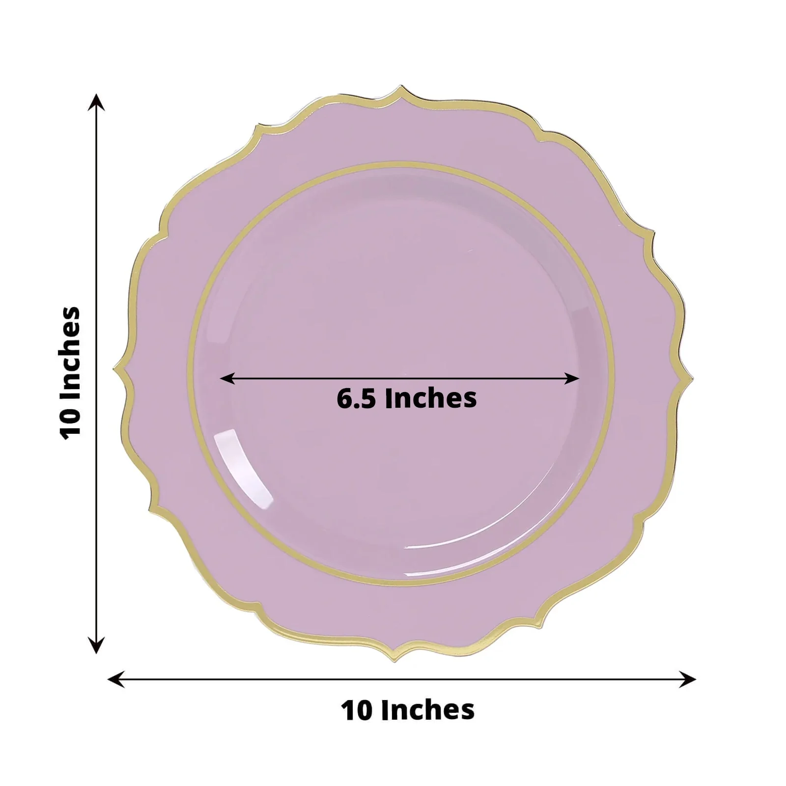 10-Pack Plastic Round Dinner Plates 10" Lavender Lilac with Gold Scalloped Rim - Disposable Party Plates - Image 3