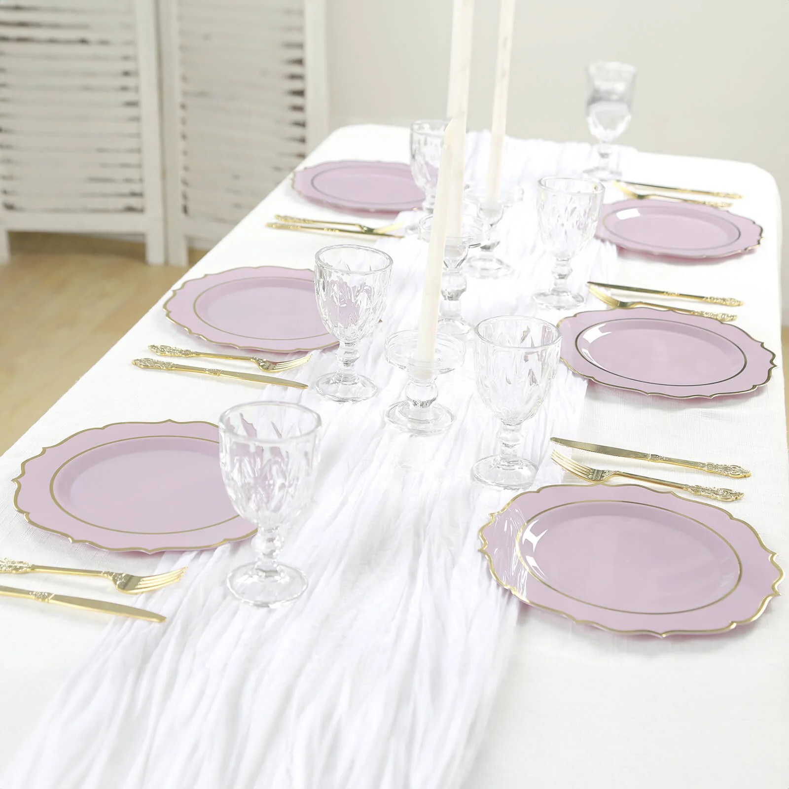10-Pack Plastic Round Dinner Plates 10" Lavender Lilac with Gold Scalloped Rim - Disposable Party Plates - Image 8