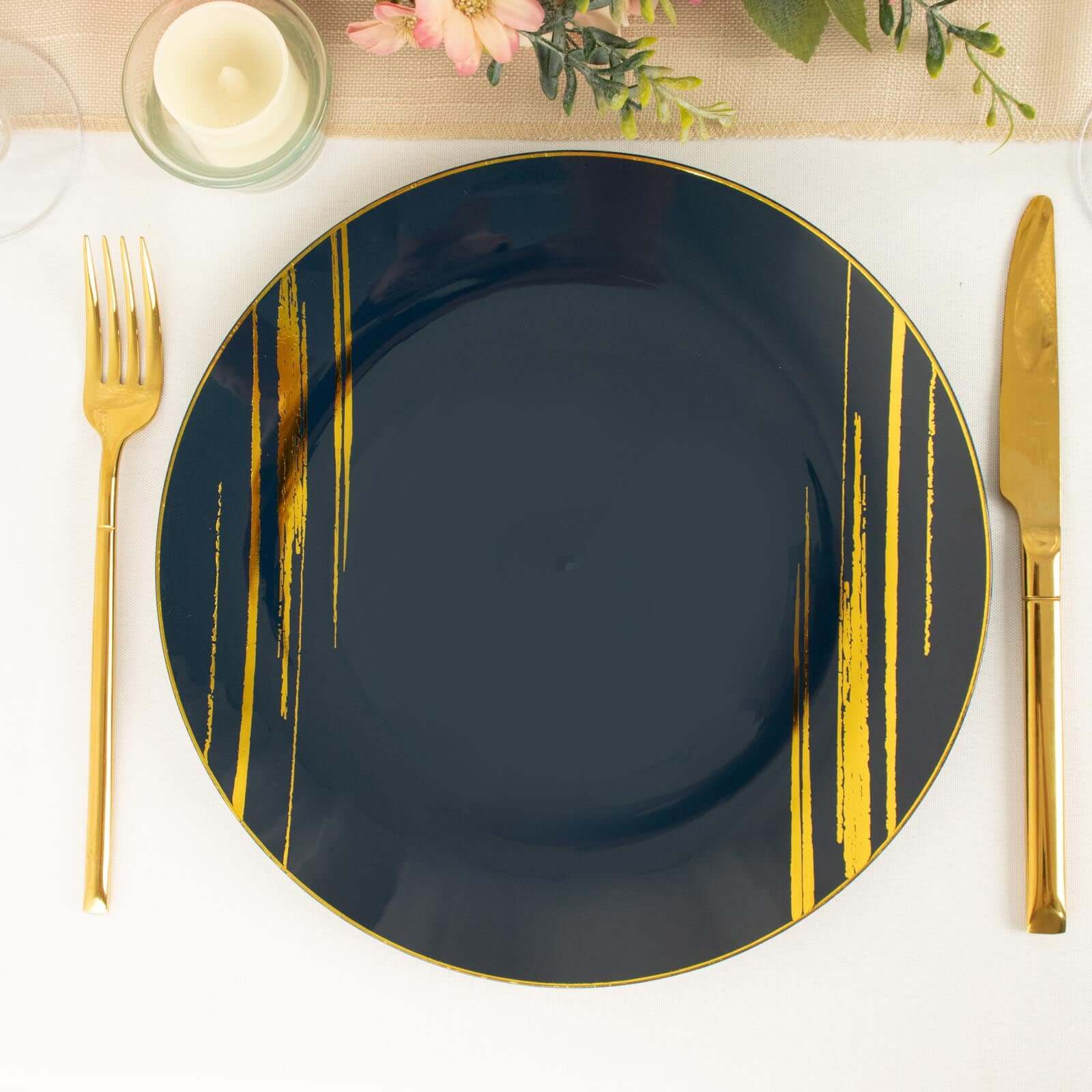 10-Pack Plastic Round Dinner Plates 10" Navy Blue with Gold Brush Stroked Print - Modern Disposable Party Dinnerware - Image 11