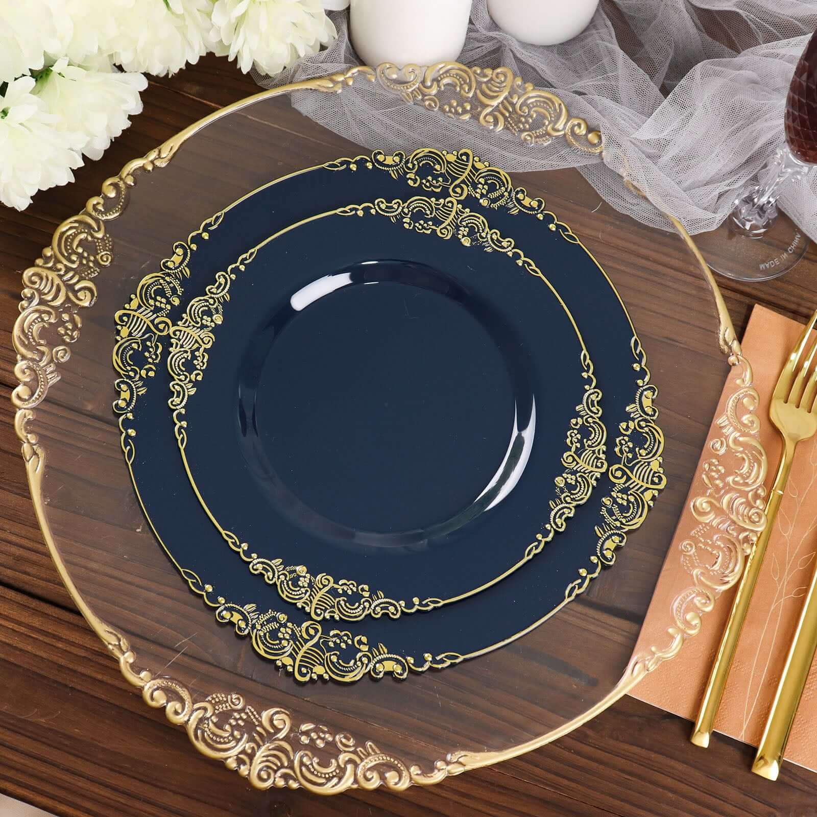 10-Pack Plastic Round Dinner Plates 10" Navy Blue with Gold Leaf Embossed Rim - Vintage Baroque Style Disposable Plates - Image 2