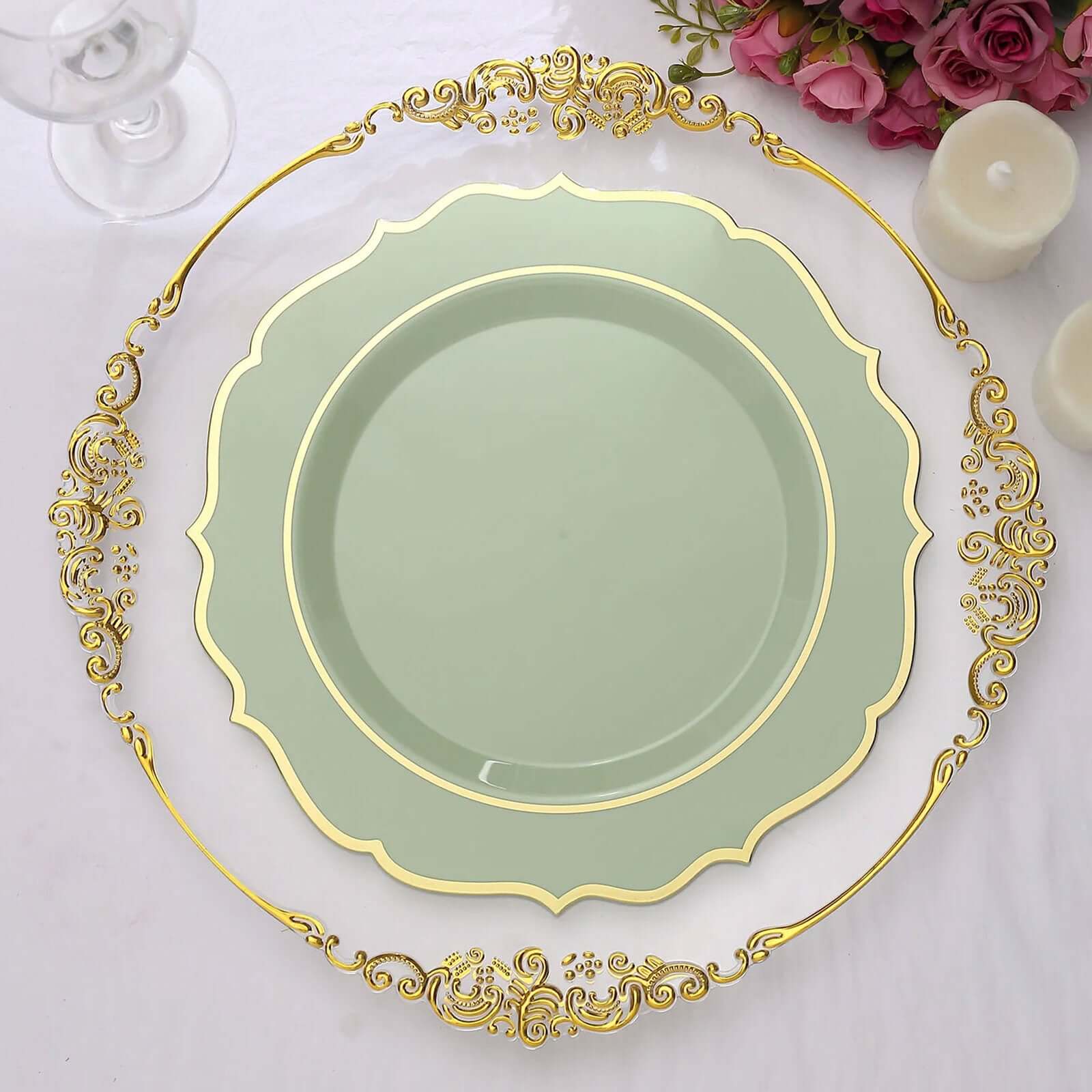 10-Pack Plastic Round Dinner Plates 10" Sage Green with Gold Scalloped Rim - Disposable Party Plates - Image 6