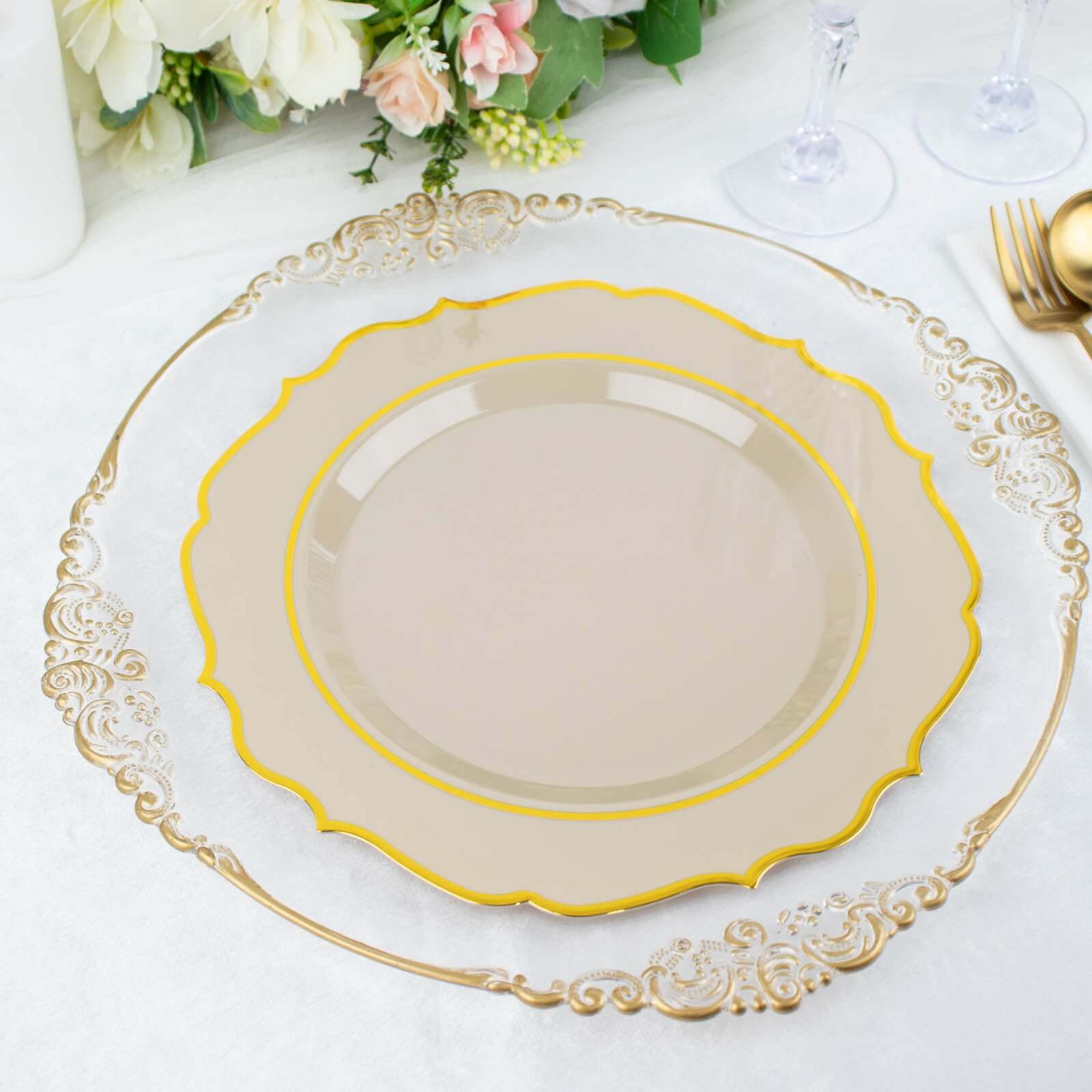 10-Pack Plastic Round Dinner Plates 10" Taupe with Gold Scalloped Rim - Disposable Party Plates - Image 10