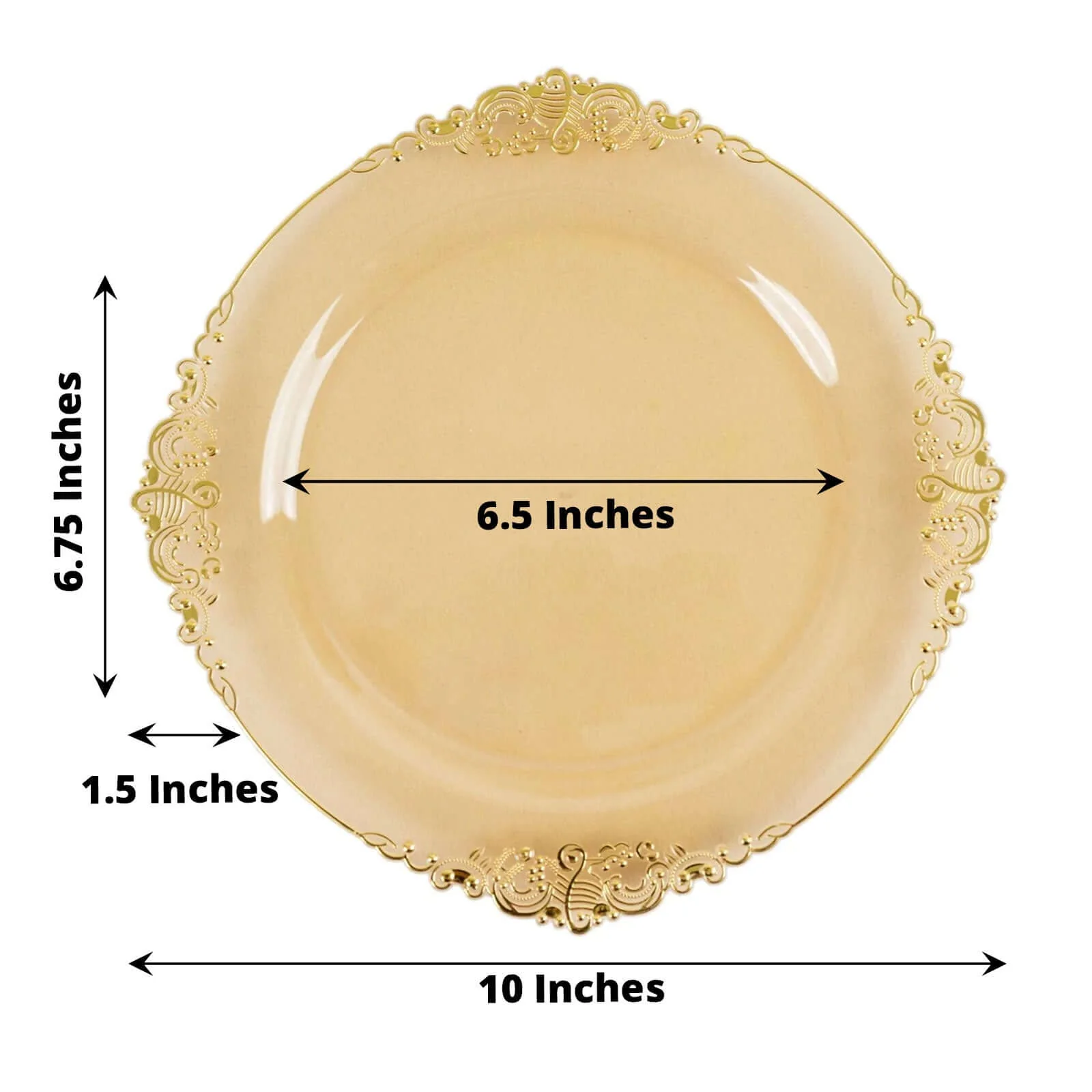 10-Pack Plastic Round Dinner Plates 10" Transparent Amber Gold with Gold Leaf Embossed Rim - Vintage Baroque Style Disposable Plates - Image 3