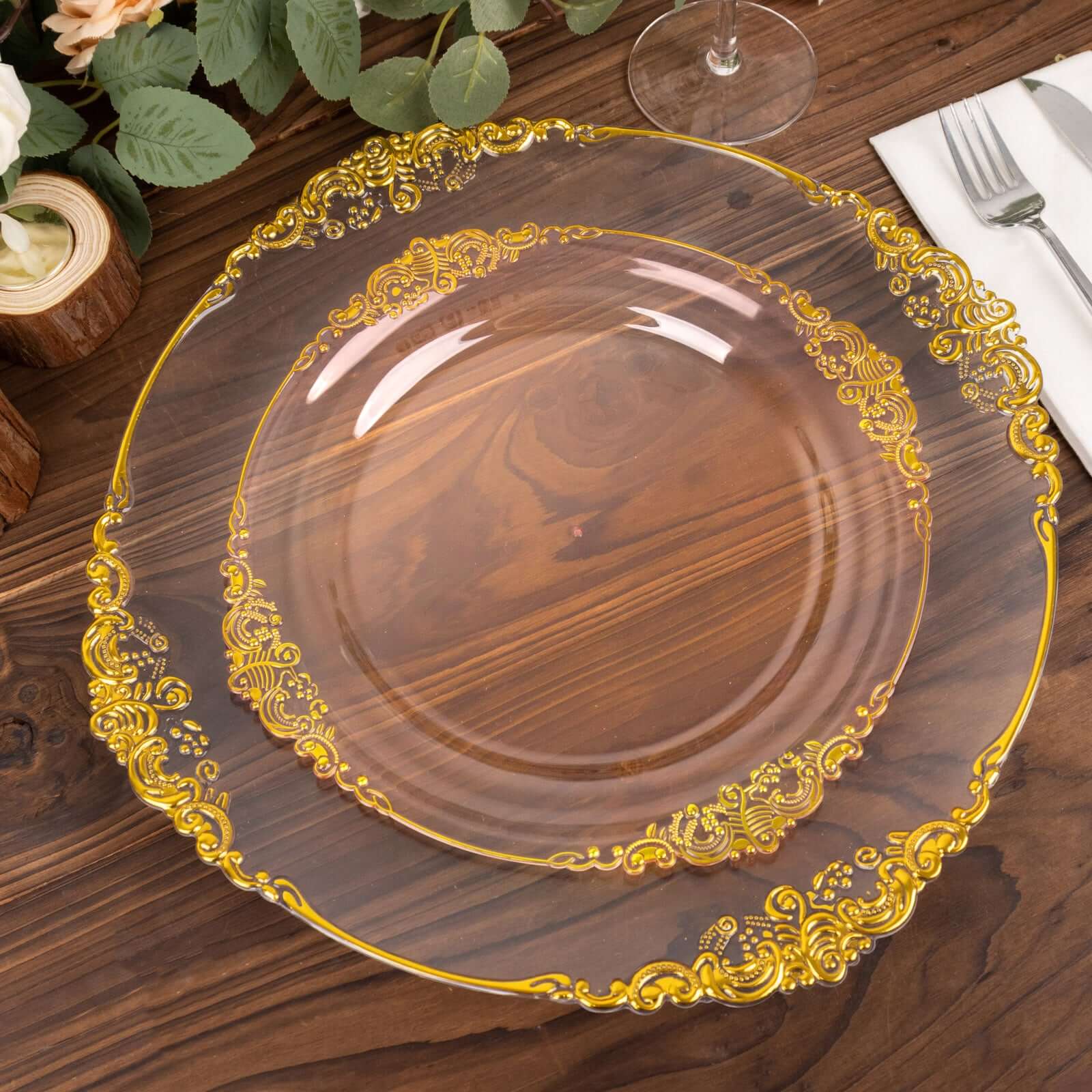 10-Pack Plastic Round Dinner Plates 10" Transparent Blush with Gold Leaf Embossed Rim - Vintage Baroque Style Disposable Plates - Image 2