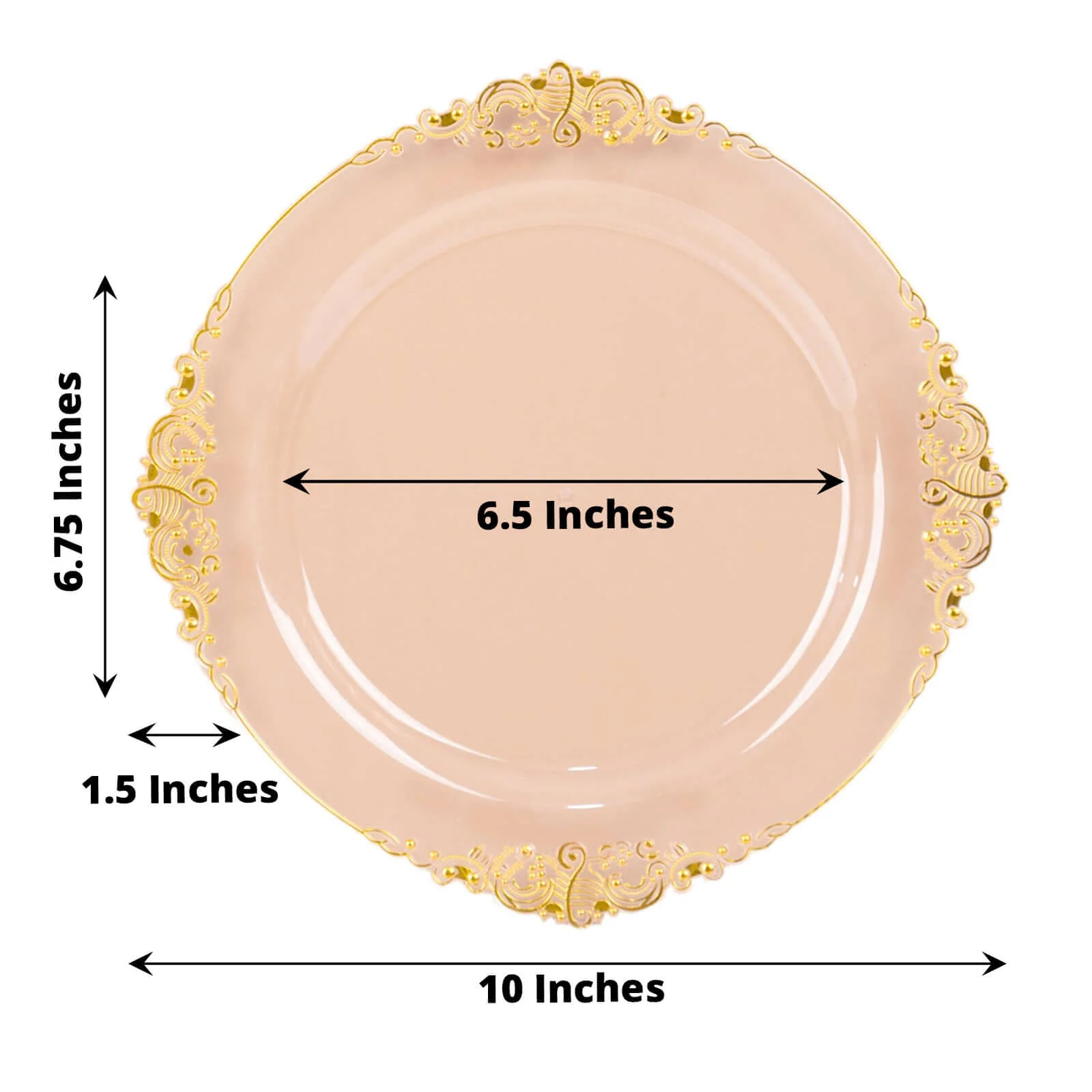 10-Pack Plastic Round Dinner Plates 10" Transparent Blush with Gold Leaf Embossed Rim - Vintage Baroque Style Disposable Plates - Image 3