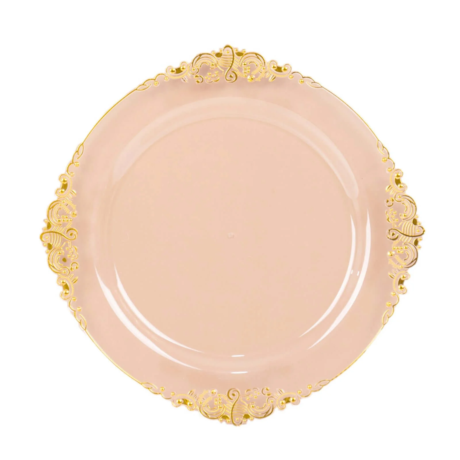 10-Pack Plastic Round Dinner Plates 10" Transparent Blush with Gold Leaf Embossed Rim - Vintage Baroque Style Disposable Plates - Image 7