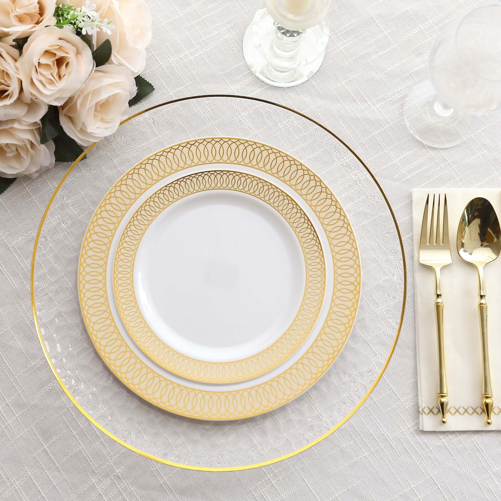 10-Pack Plastic Round Dinner Plates 10" White with Beige Gold Spiral Rim - Stylish Disposable Party Plates - Image 2