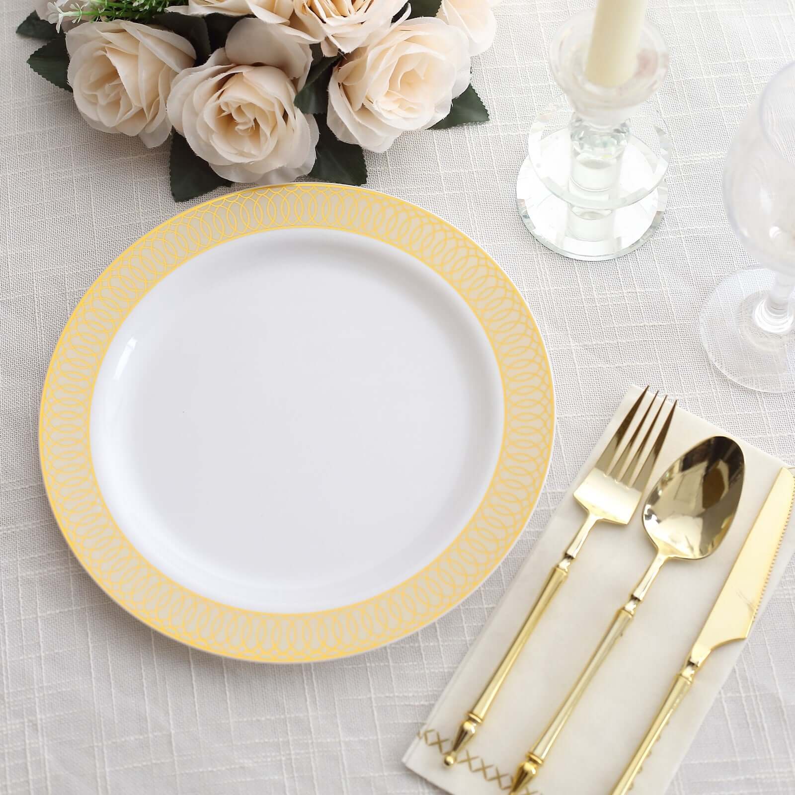 10-Pack Plastic Round Dinner Plates 10" White with Beige Gold Spiral Rim - Stylish Disposable Party Plates - Image 4