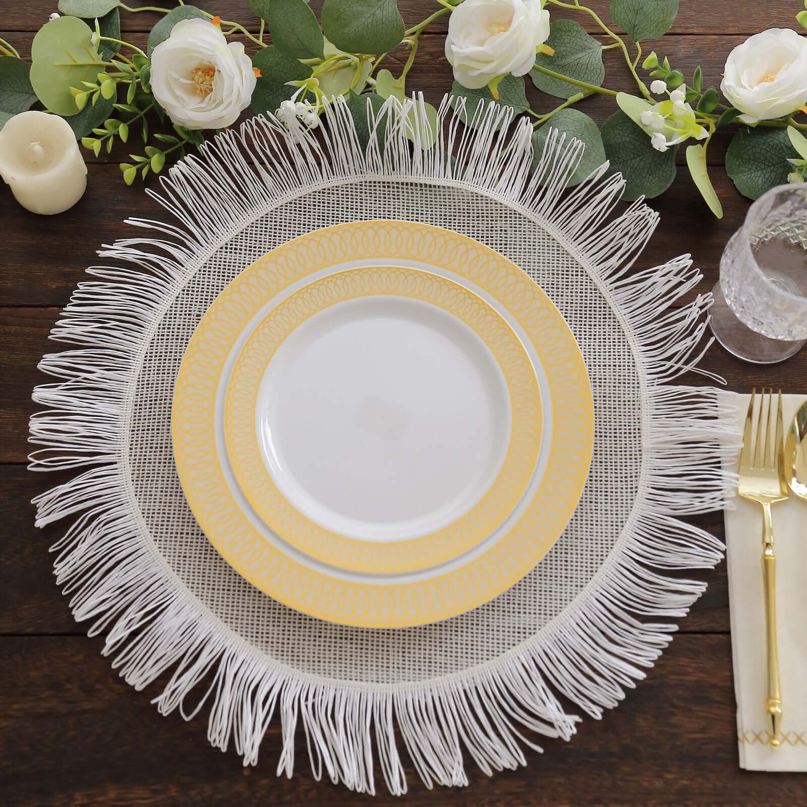 10-Pack Plastic Round Dinner Plates 10" White with Beige Gold Spiral Rim - Stylish Disposable Party Plates - Image 5