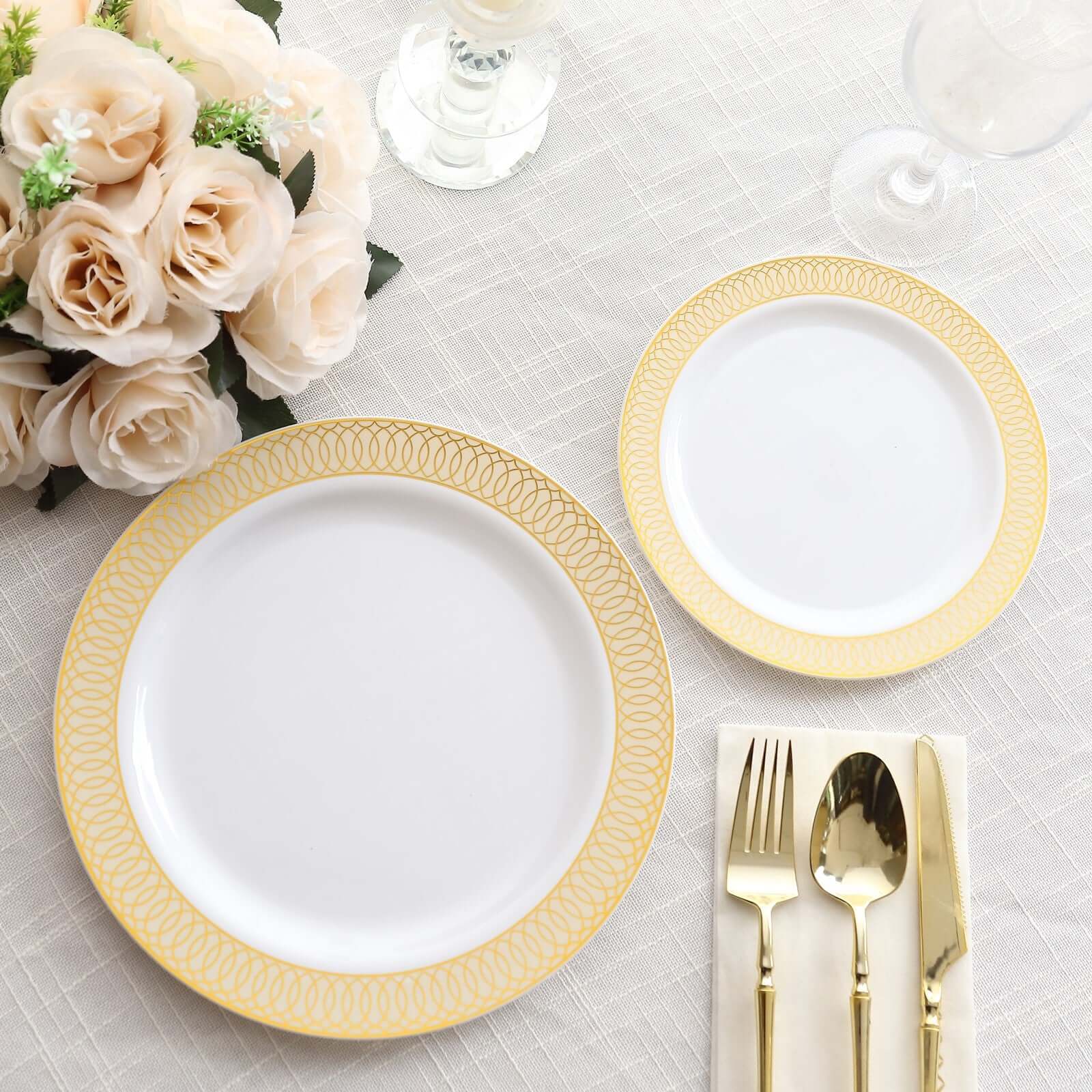 10-Pack Plastic Round Dinner Plates 10" White with Beige Gold Spiral Rim - Stylish Disposable Party Plates - Image 9