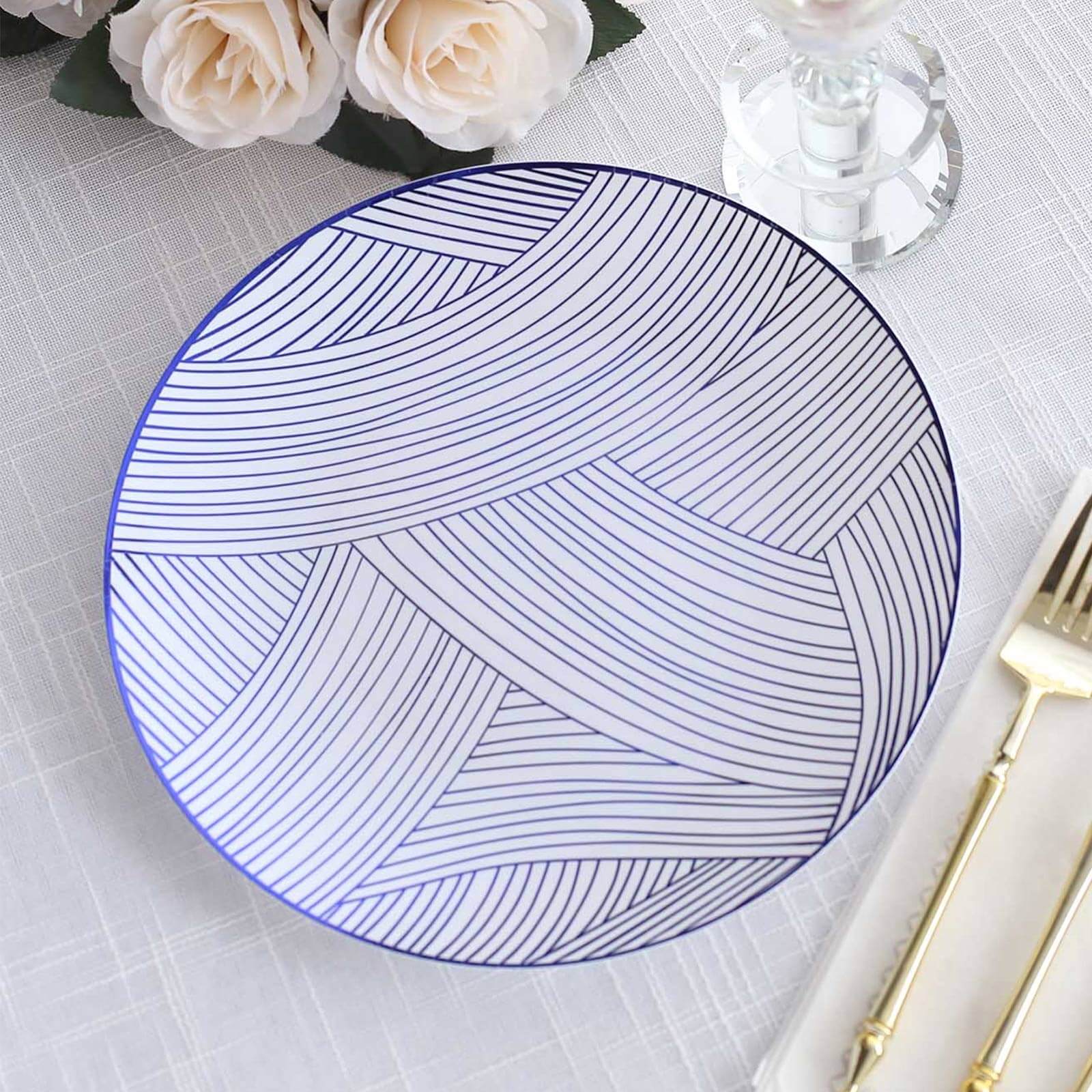 10-Pack Plastic Round Dinner Plates 10" White with Blue Wave Brush Strokes Pattern - Disposable Party Plates