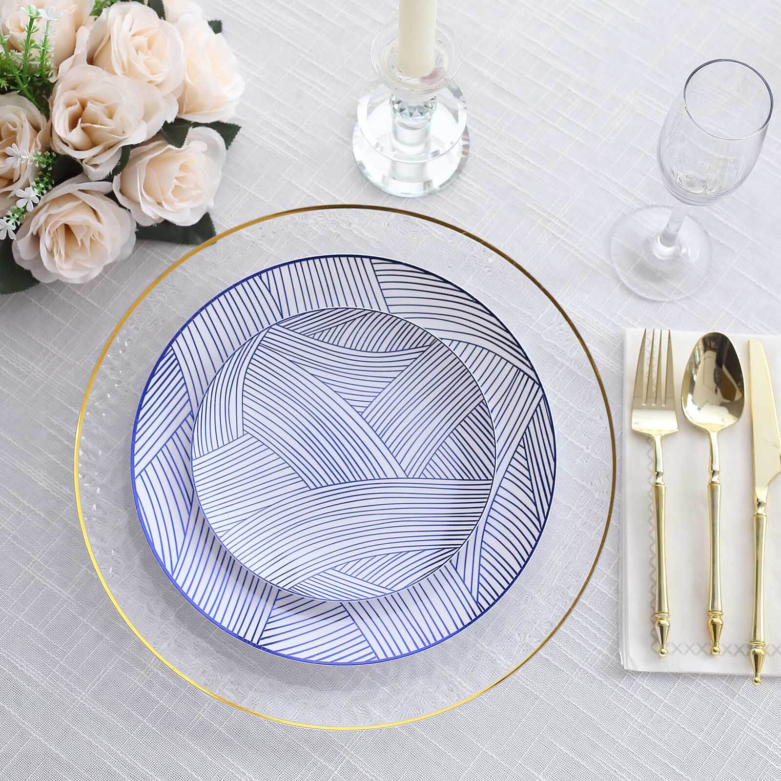 10-Pack Plastic Round Dinner Plates 10" White with Blue Wave Brush Strokes Pattern - Disposable Party Plates - Image 2
