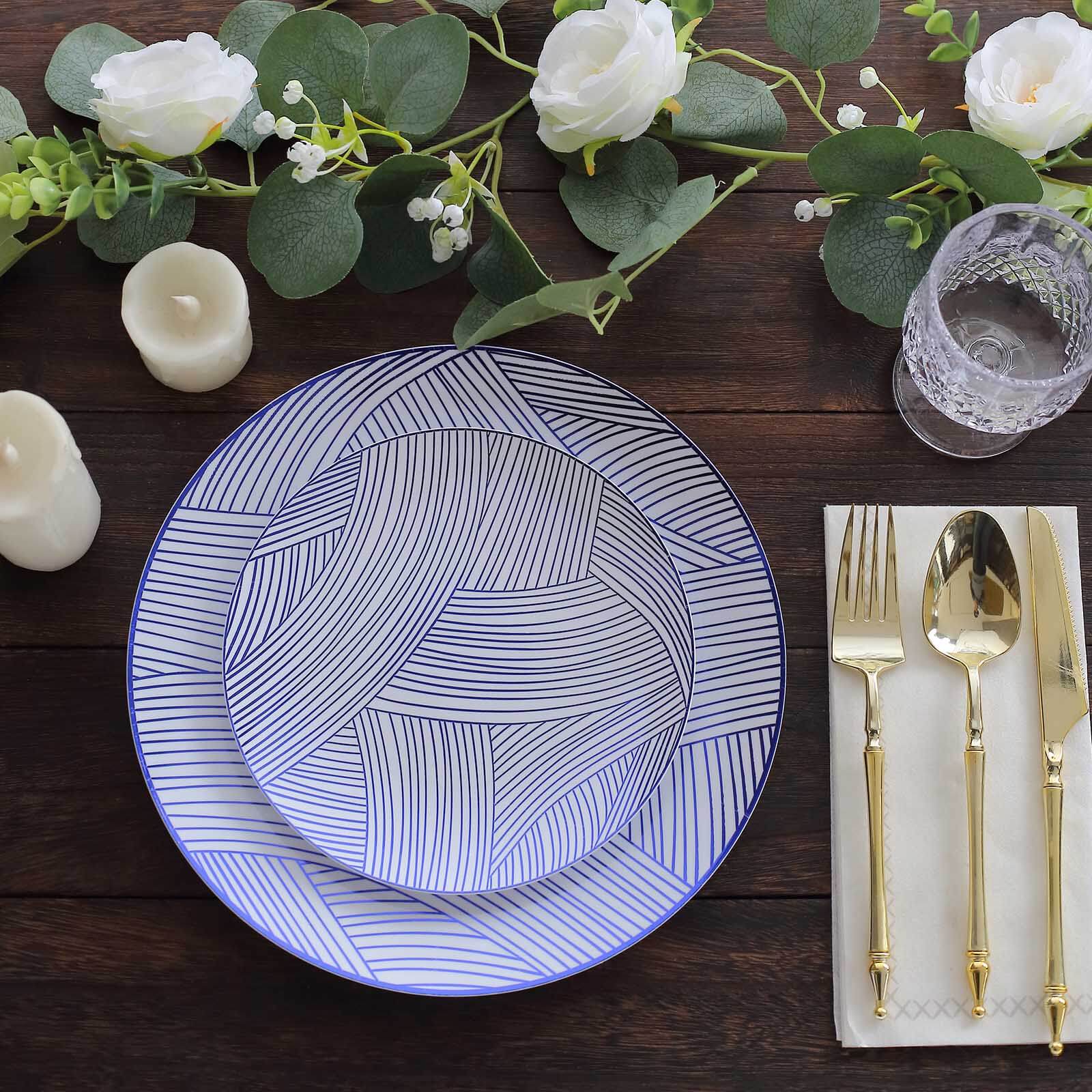 10-Pack Plastic Round Dinner Plates 10" White with Blue Wave Brush Strokes Pattern - Disposable Party Plates - Image 5