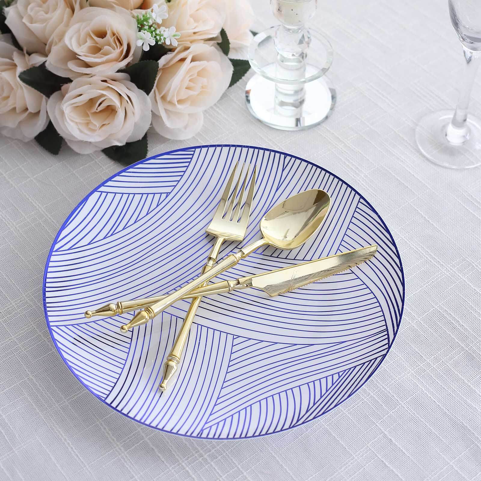 10-Pack Plastic Round Dinner Plates 10" White with Blue Wave Brush Strokes Pattern - Disposable Party Plates - Image 7