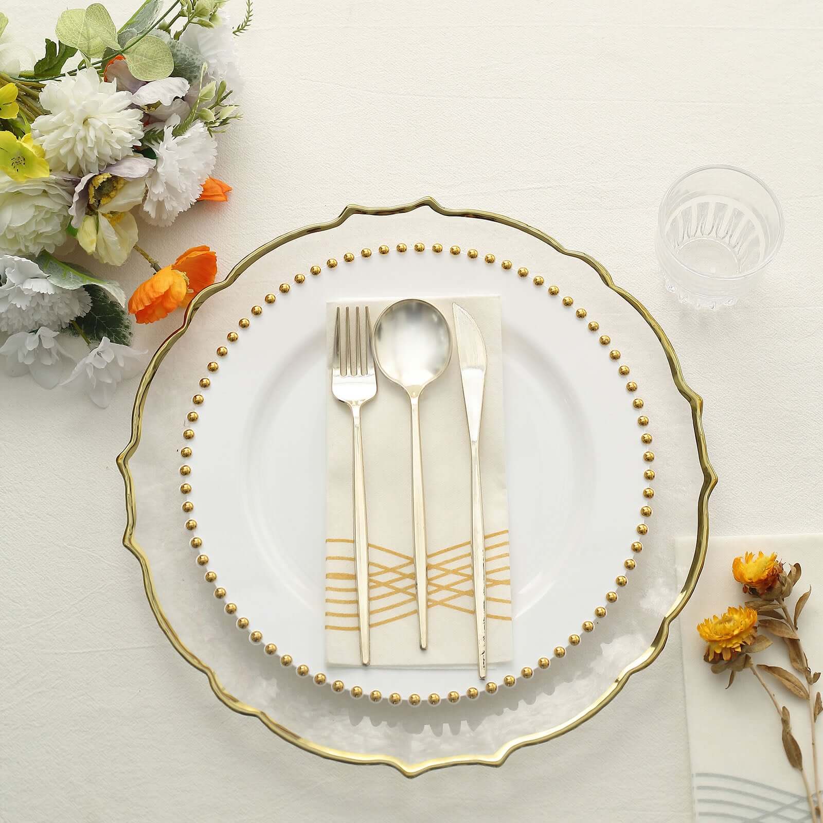 10-Pack Plastic Round Dinner Plates 10" White with Gold Beaded Rim - Disposable Party Plates for Stylish Gatherings & Celebrations - Image 2