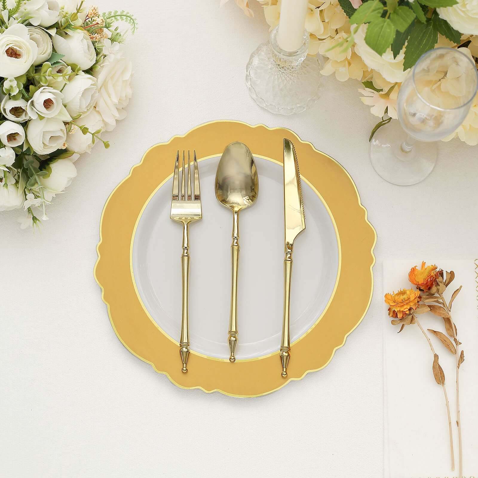 10-Pack Plastic Round Dinner Plates 10" White with Gold Blossom Design & Gold Edging - Disposable Party Plates for Modern & Sophisticated Tablescape - Image 11