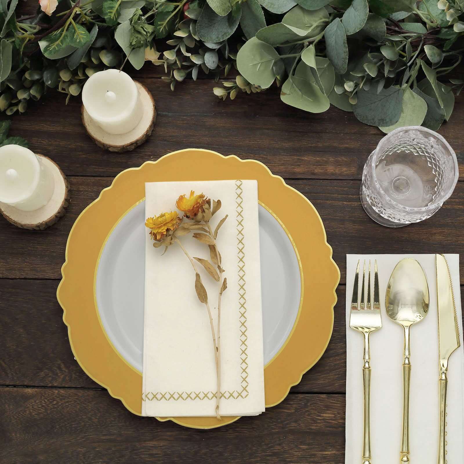 10-Pack Plastic Round Dinner Plates 10" White with Gold Blossom Design & Gold Edging - Disposable Party Plates for Modern & Sophisticated Tablescape - Image 12