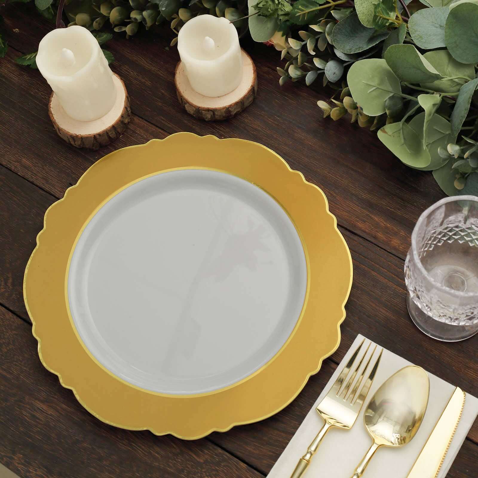 10-Pack Plastic Round Dinner Plates 10" White with Gold Blossom Design & Gold Edging - Disposable Party Plates for Modern & Sophisticated Tablescape - Image 13