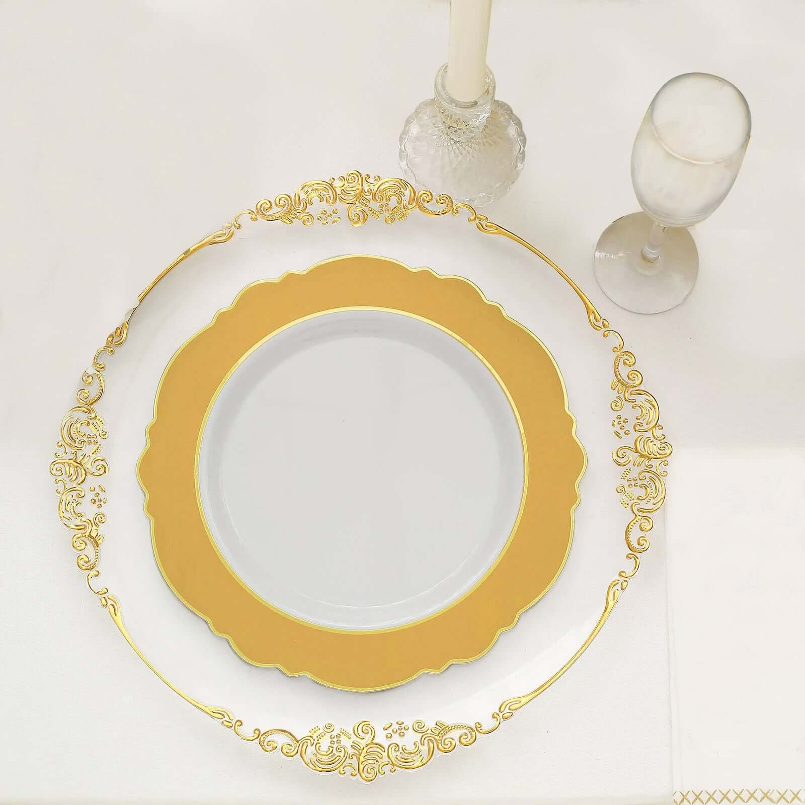 10-Pack Plastic Round Dinner Plates 10" White with Gold Blossom Design & Gold Edging - Disposable Party Plates for Modern & Sophisticated Tablescape - Image 5