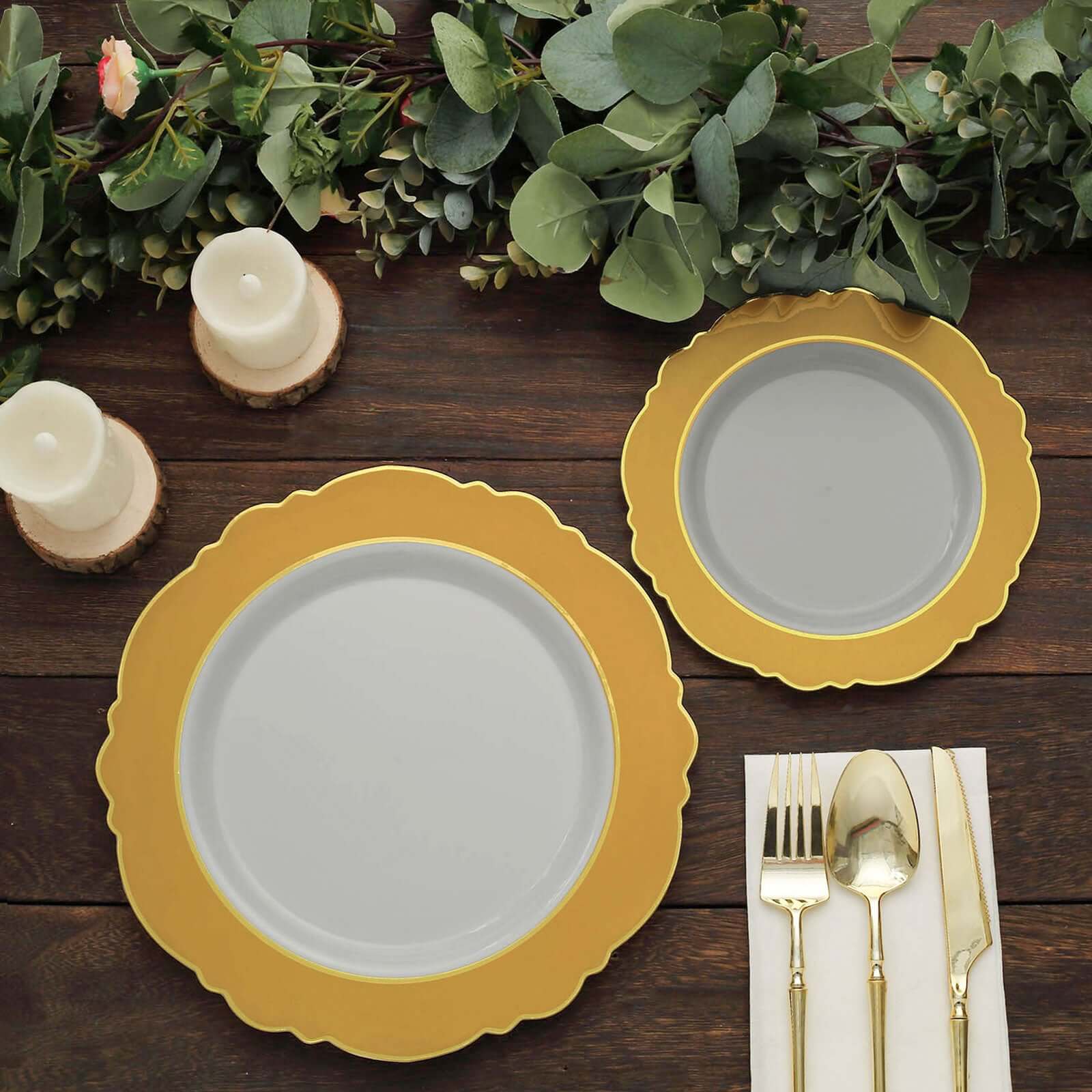 10-Pack Plastic Round Dinner Plates 10" White with Gold Blossom Design & Gold Edging - Disposable Party Plates for Modern & Sophisticated Tablescape - Image 9