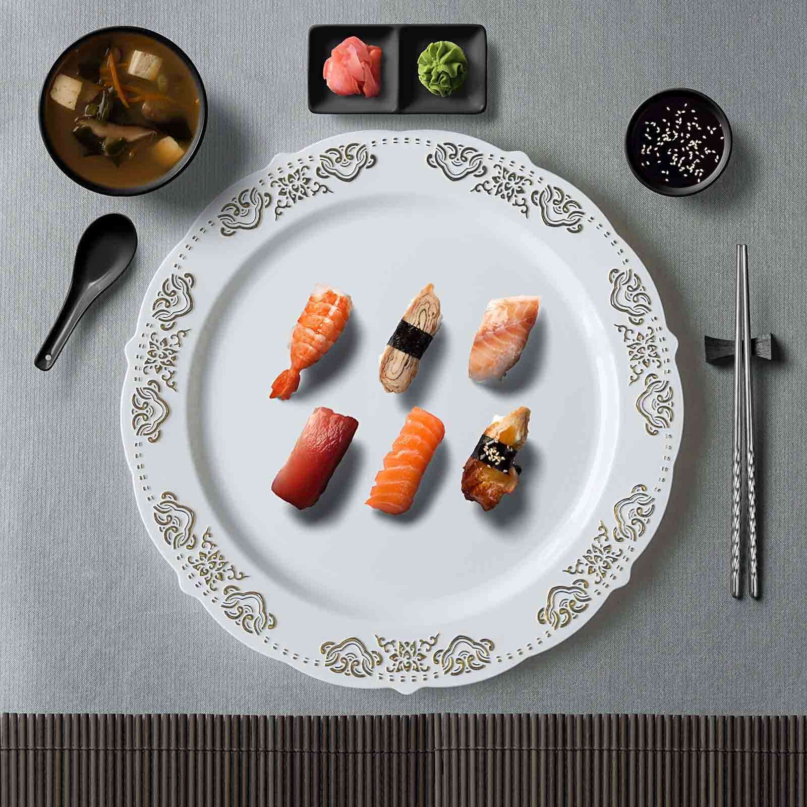 10-Pack Plastic Round Dinner Plates 10" White with Gold Embossed Scalloped Edge - Stylish Disposable Party Plates - Image 8