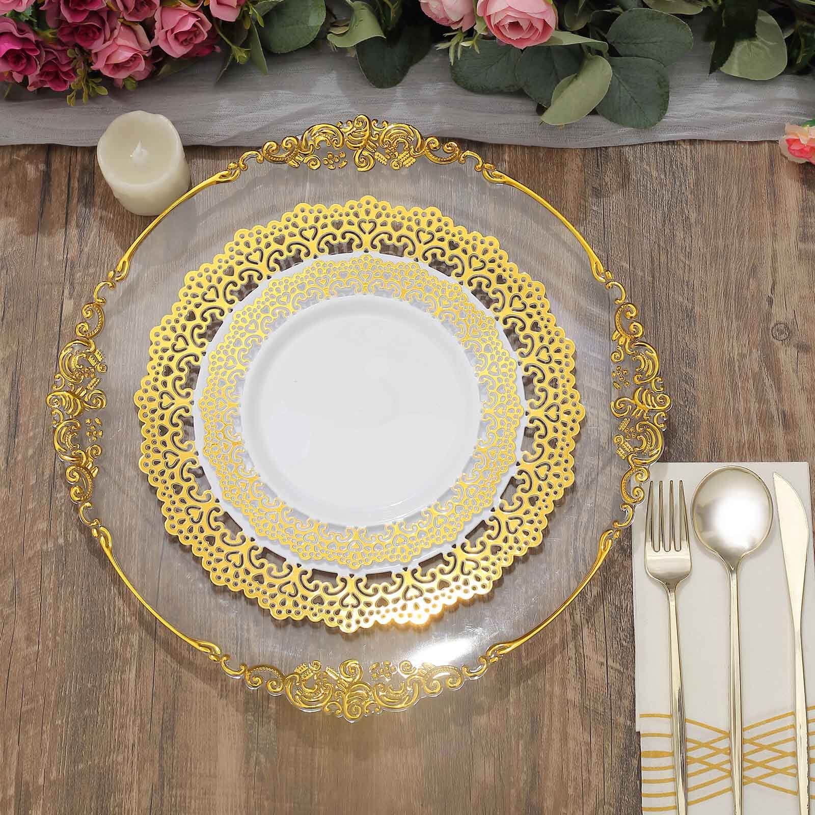 10-Pack Plastic Round Dinner Plates 10" White with Gold Lace Rim - Disposable Party Plates for Sophisticated Events & Celebrations - Image 2