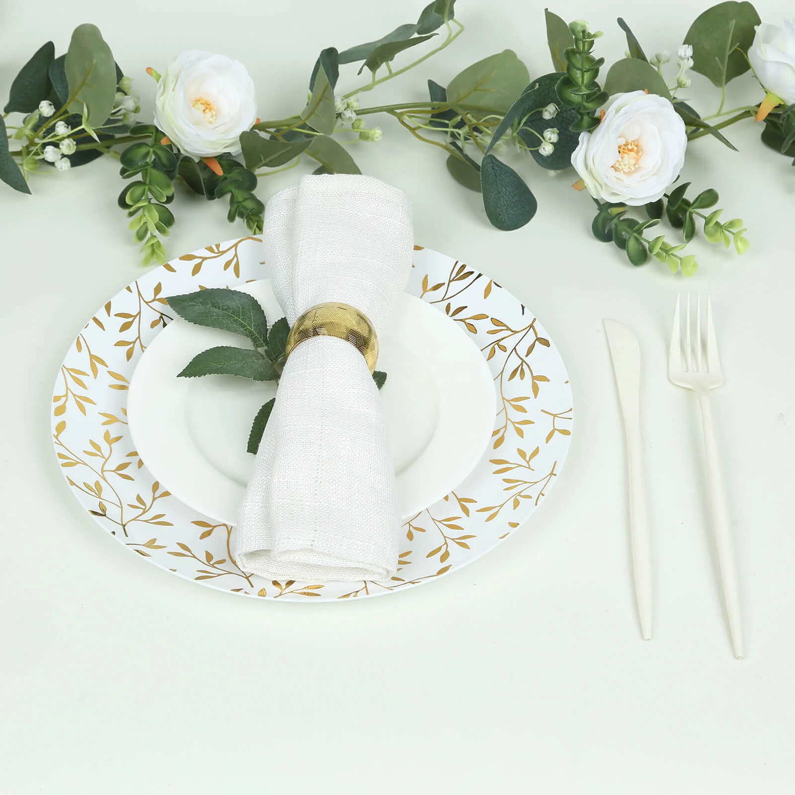 10-Pack Plastic Round Dinner Plates 10" White with Gold Leaf Design - Heavy Duty Disposable Party Plates for Festive Occasions & Memorable Celebrations - Image 2