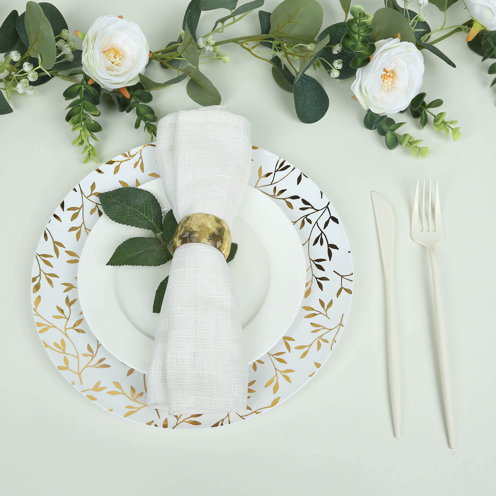 10-Pack Plastic Round Dinner Plates 10" White with Gold Leaf Design - Heavy Duty Disposable Party Plates for Festive Occasions & Memorable Celebrations - Image 6