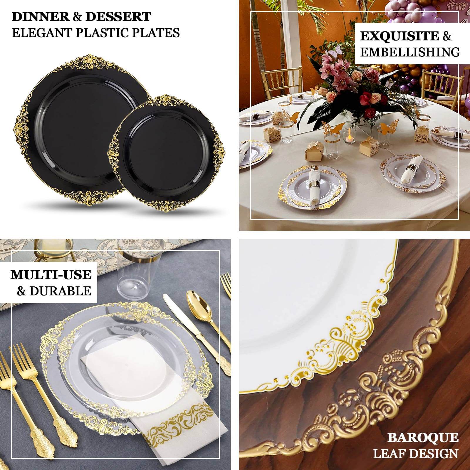 10-Pack Plastic Round Dinner Plates 10" White with Gold - Image 4