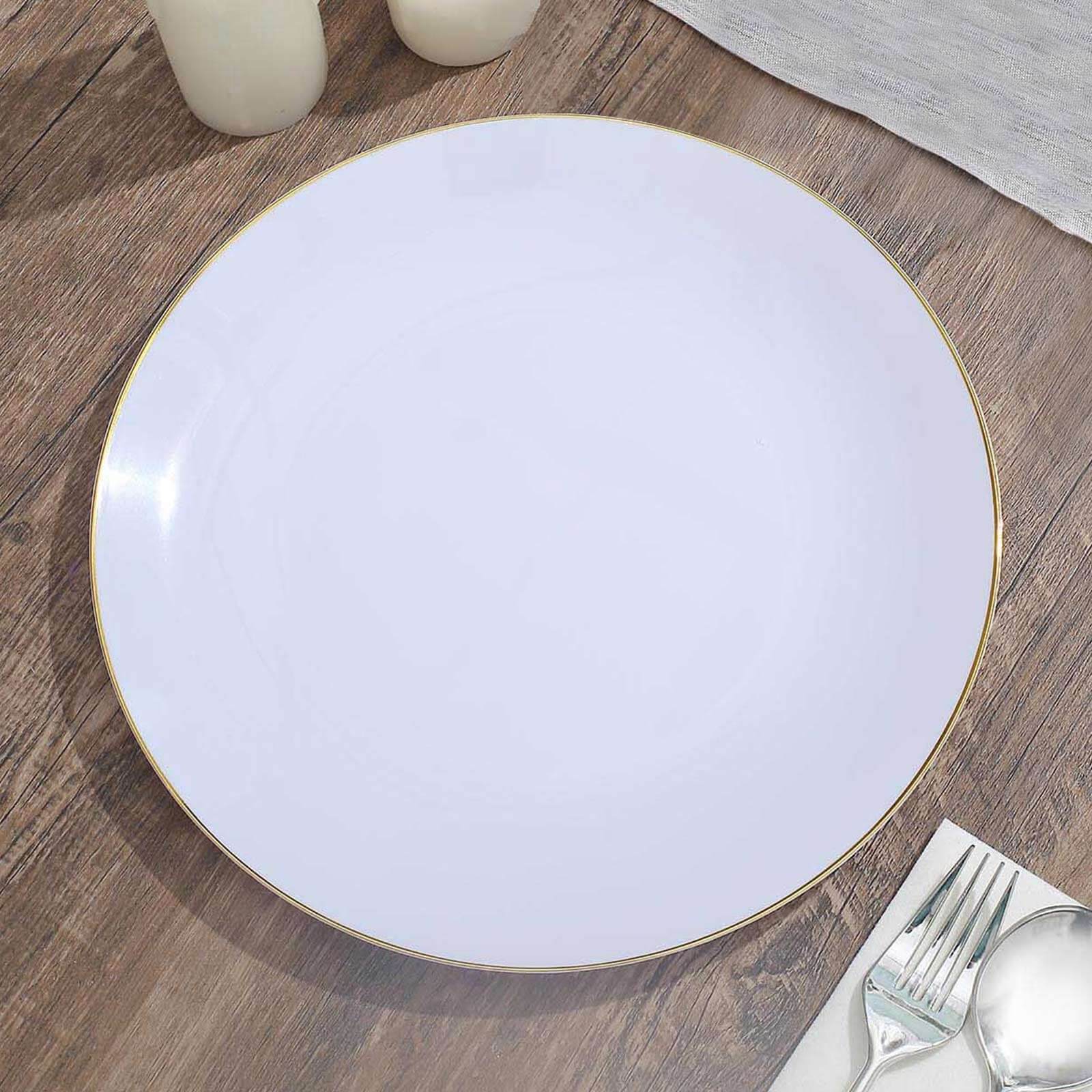 10-Pack Plastic Round Dinner Plates 10" White with Gold Rim - Glossy Disposable Party Plates for Weddings & Celebrations