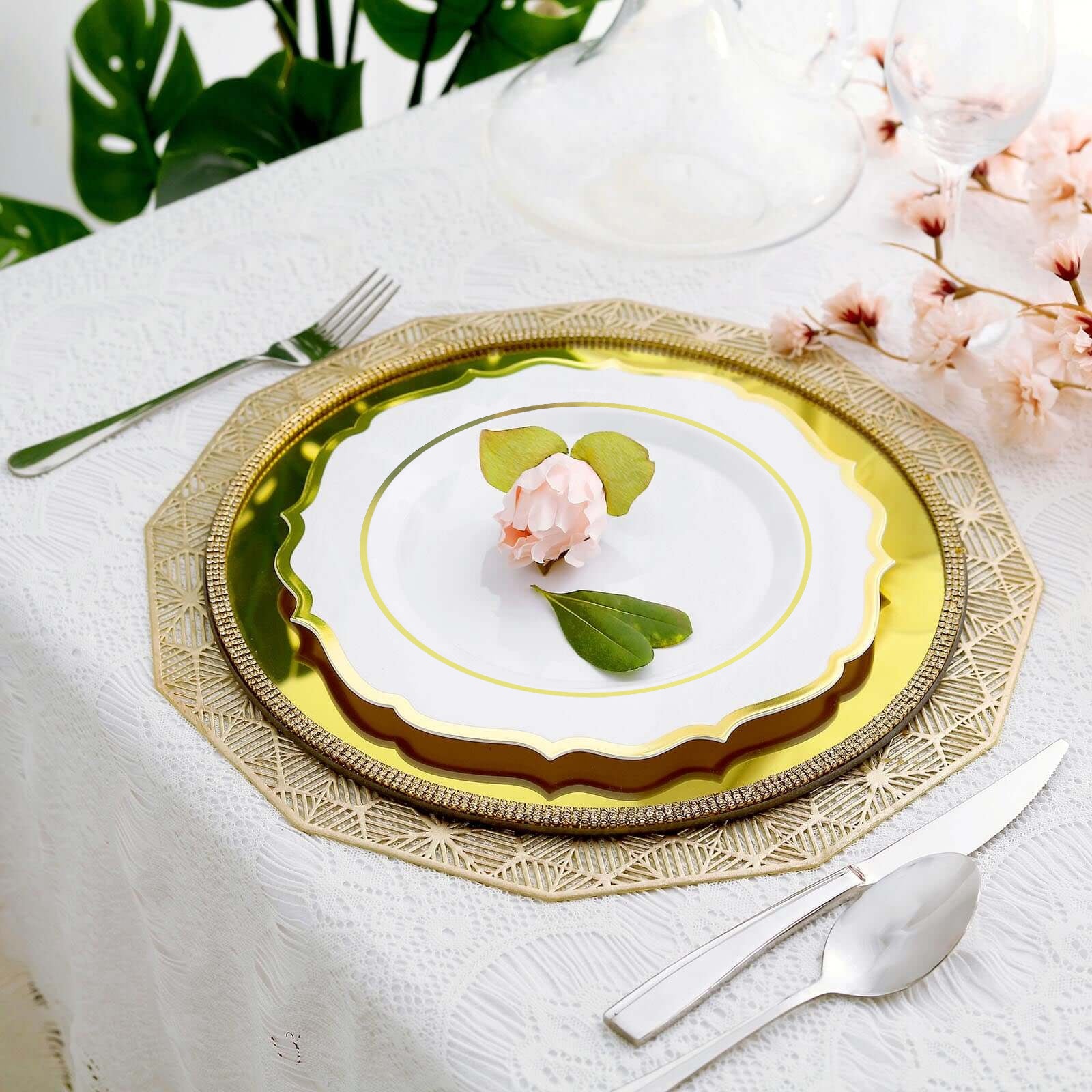 10-Pack Plastic Round Dinner Plates 10" White with Gold Scalloped Rim - Disposable Party Plates for Stylish Weddings & Celebrations - Image 2