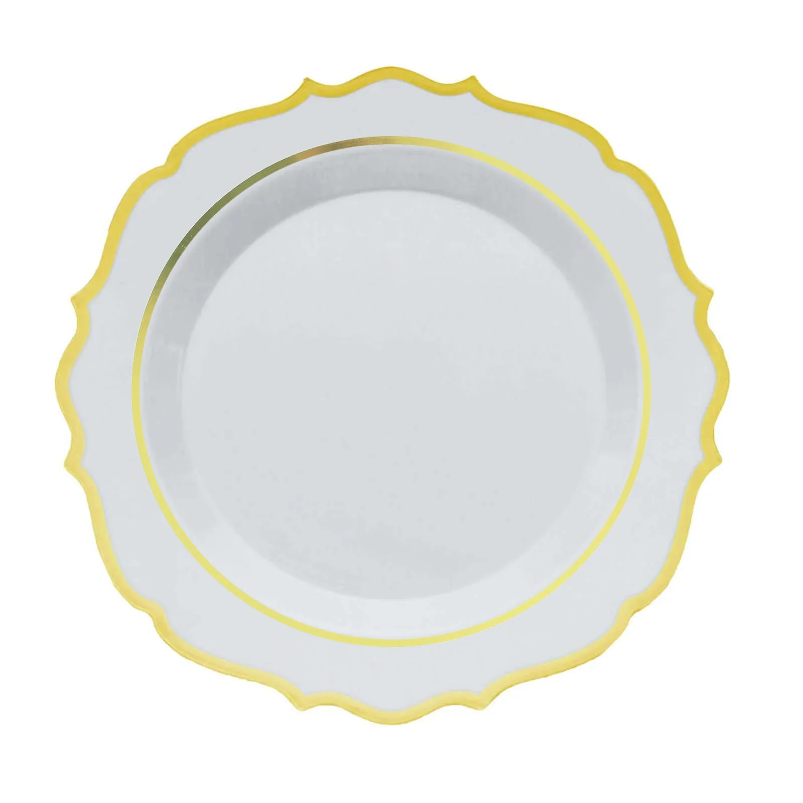 10-Pack Plastic Round Dinner Plates 10" White with Gold Scalloped Rim - Disposable Party Plates for Stylish Weddings & Celebrations - Image 7