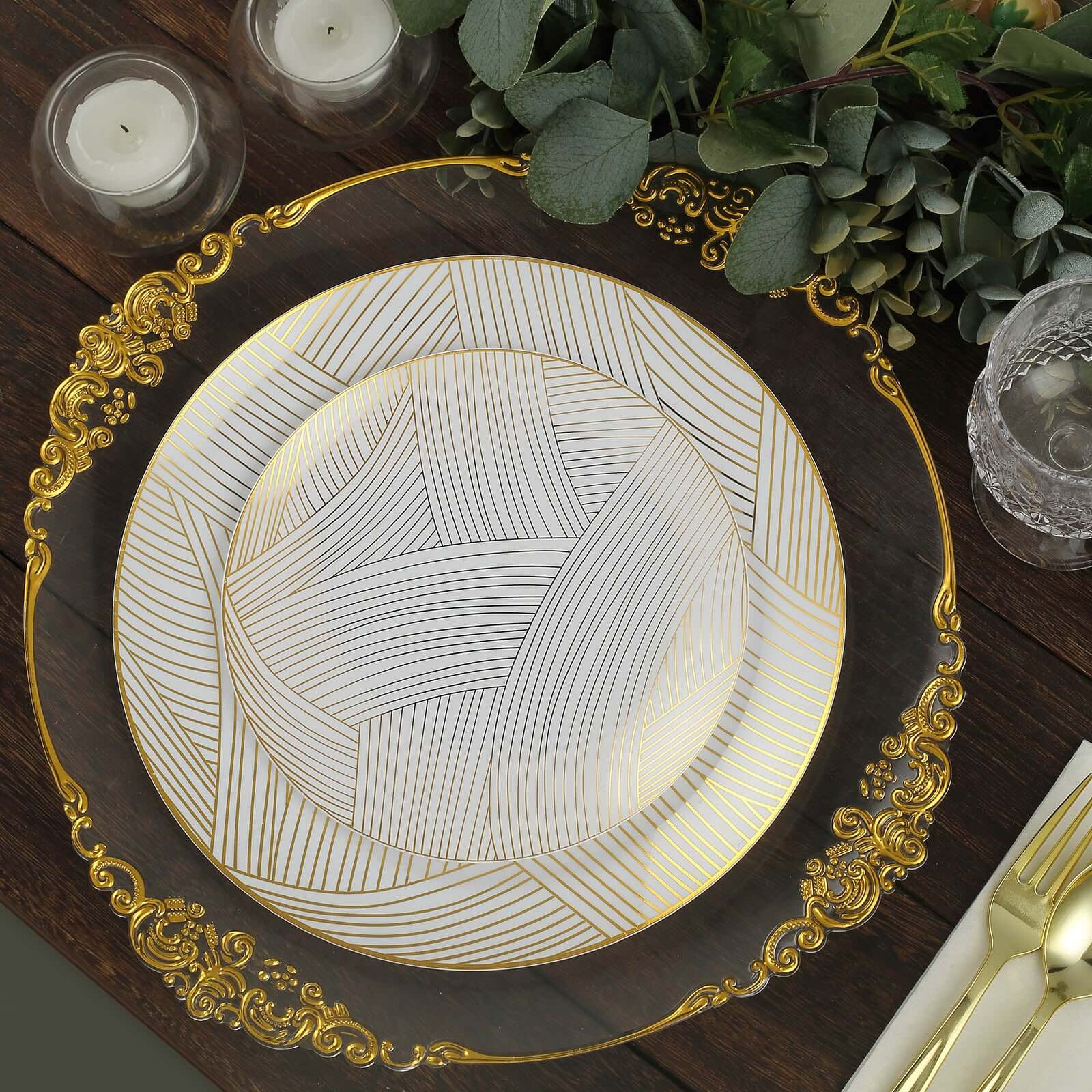 10-Pack Plastic Round Dinner Plates 10" White with Gold Wave Brush Strokes Pattern - Disposable Party Plates for Modern & Sophisticated Tablescape - Image 2