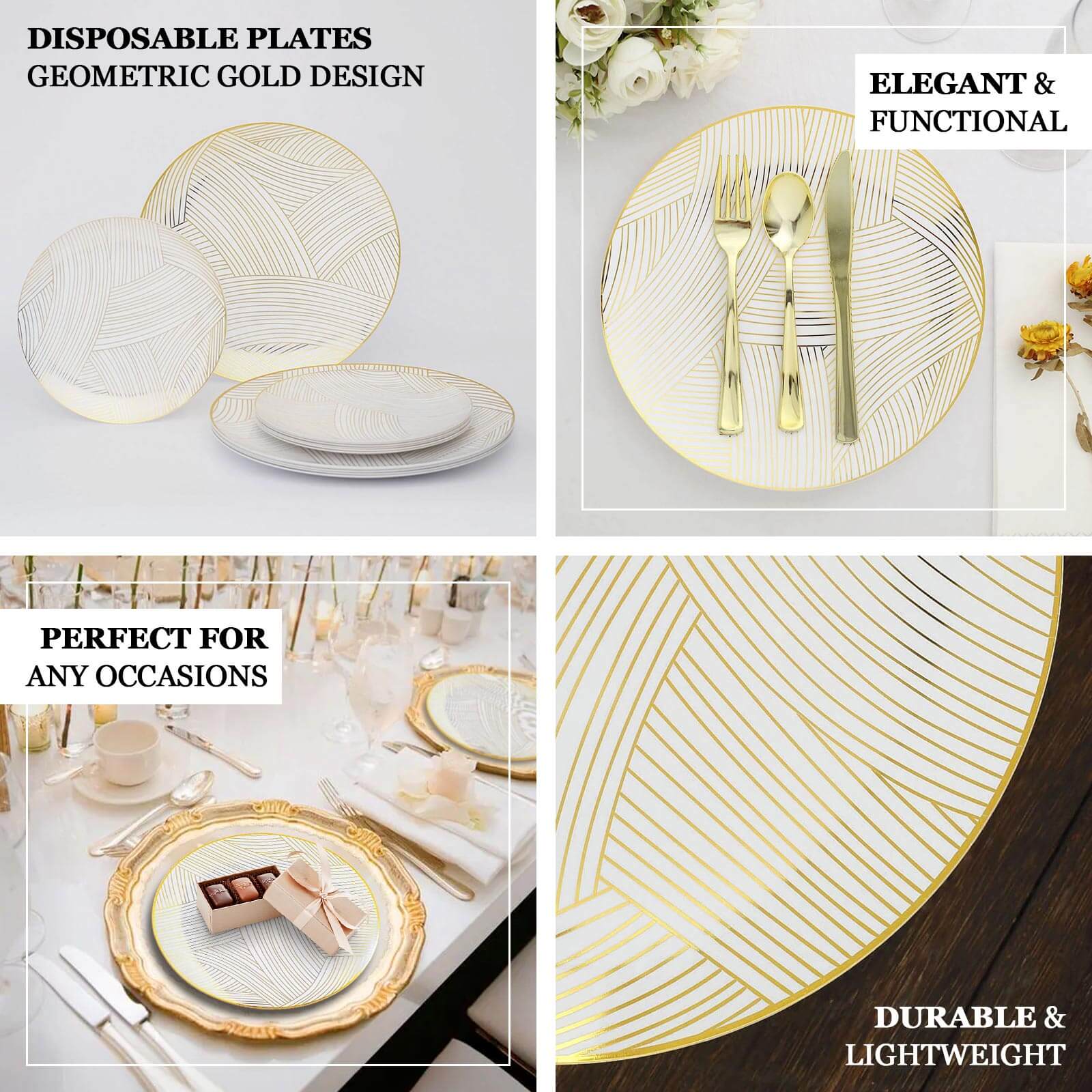 10-Pack Plastic Round Dinner Plates 10" White with Gold Wave Brush Strokes Pattern - Disposable Party Plates for Modern & Sophisticated Tablescape - Image 4