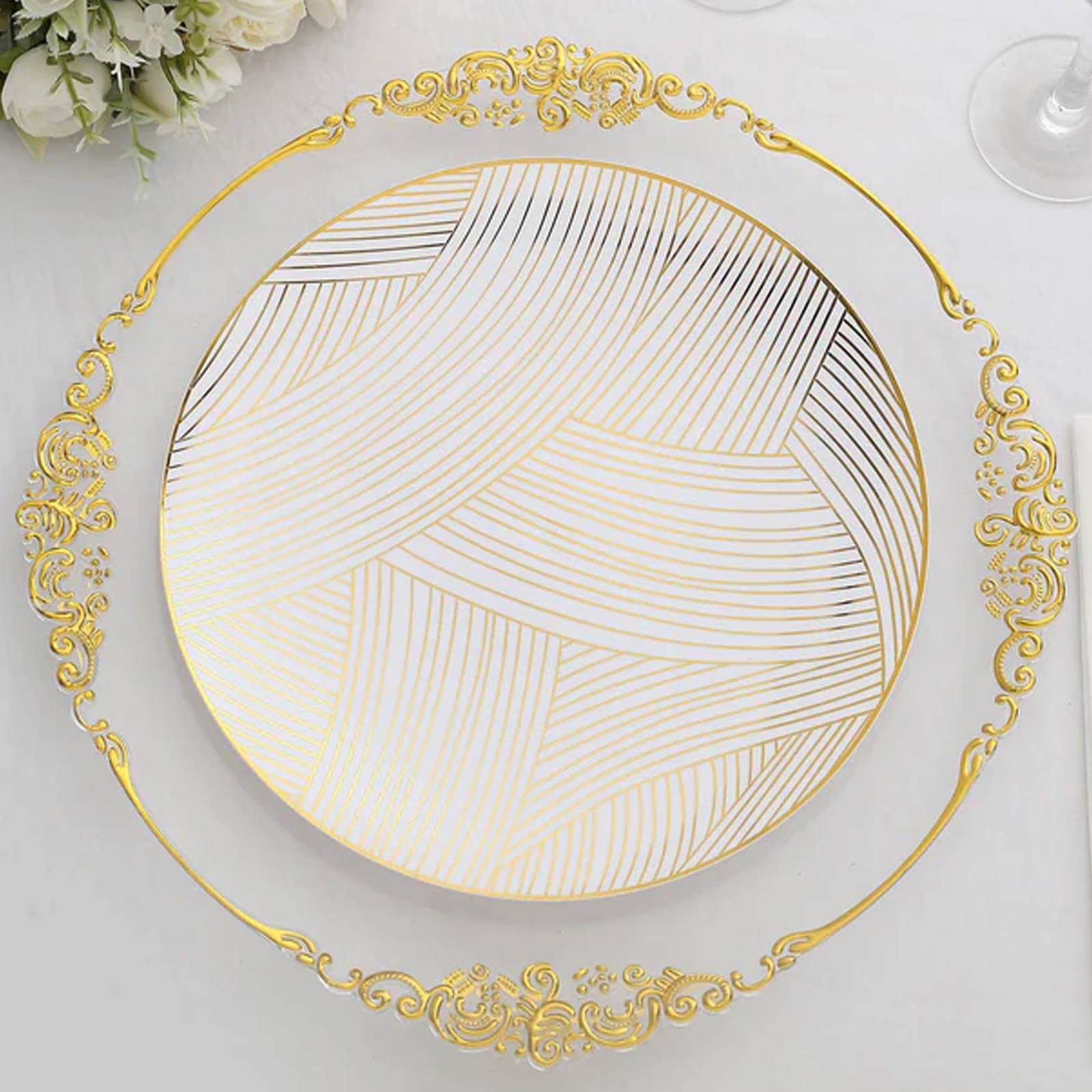 10-Pack Plastic Round Dinner Plates 10" White with Gold Wave Brush Strokes Pattern - Disposable Party Plates for Modern & Sophisticated Tablescape - Image 5