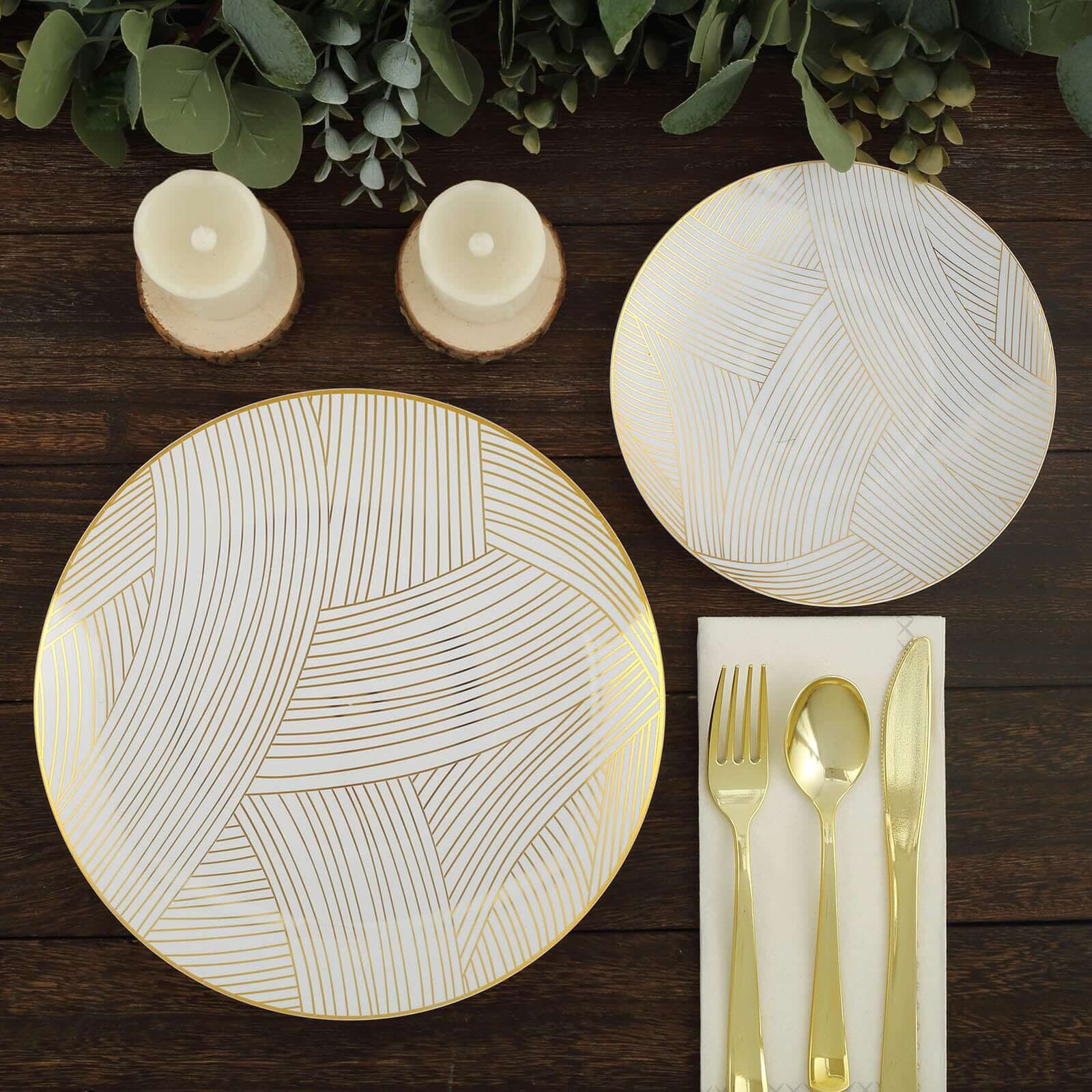 10-Pack Plastic Round Dinner Plates 10" White with Gold Wave Brush Strokes Pattern - Disposable Party Plates for Modern & Sophisticated Tablescape - Image 7