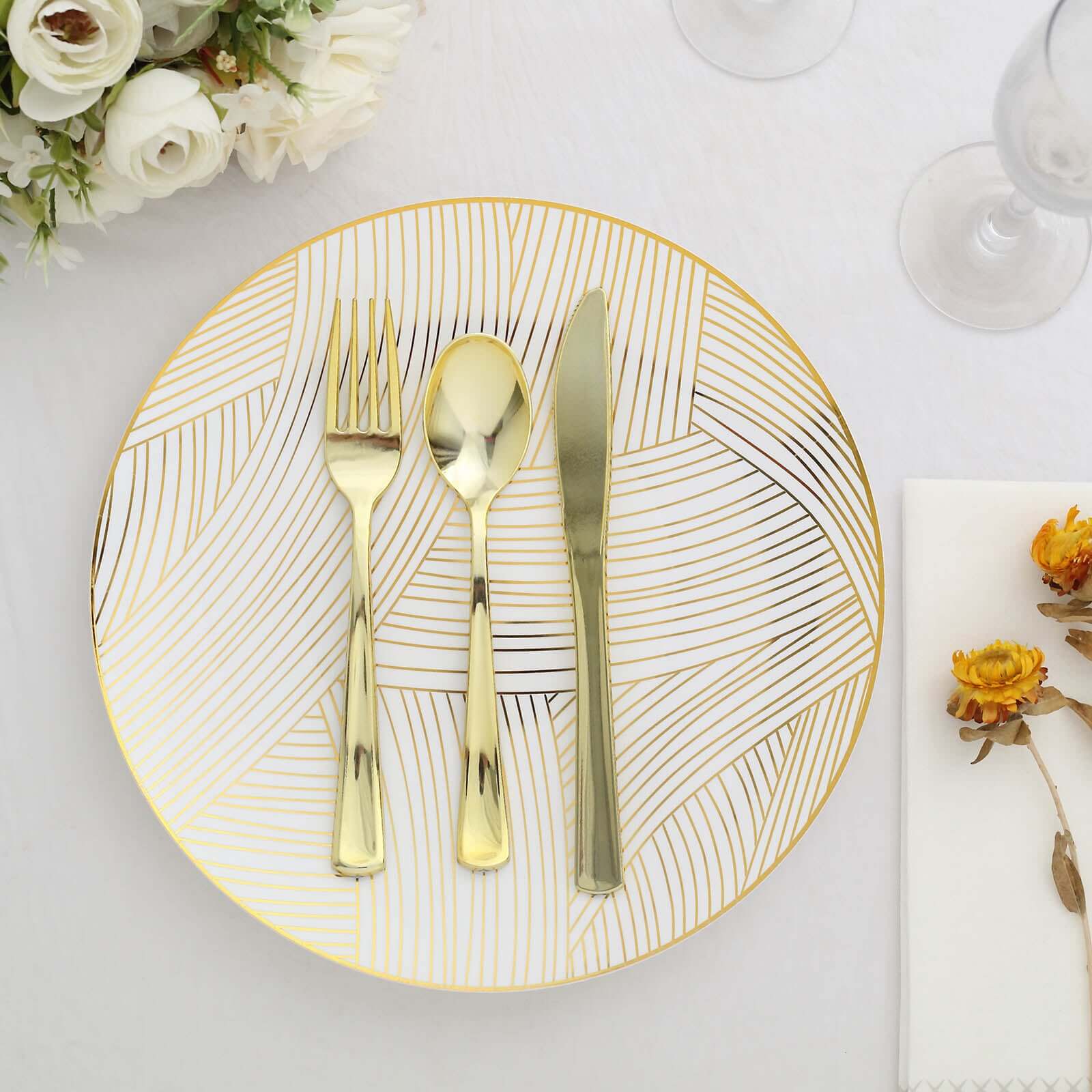10-Pack Plastic Round Dinner Plates 10" White with Gold Wave Brush Strokes Pattern - Disposable Party Plates for Modern & Sophisticated Tablescape - Image 9