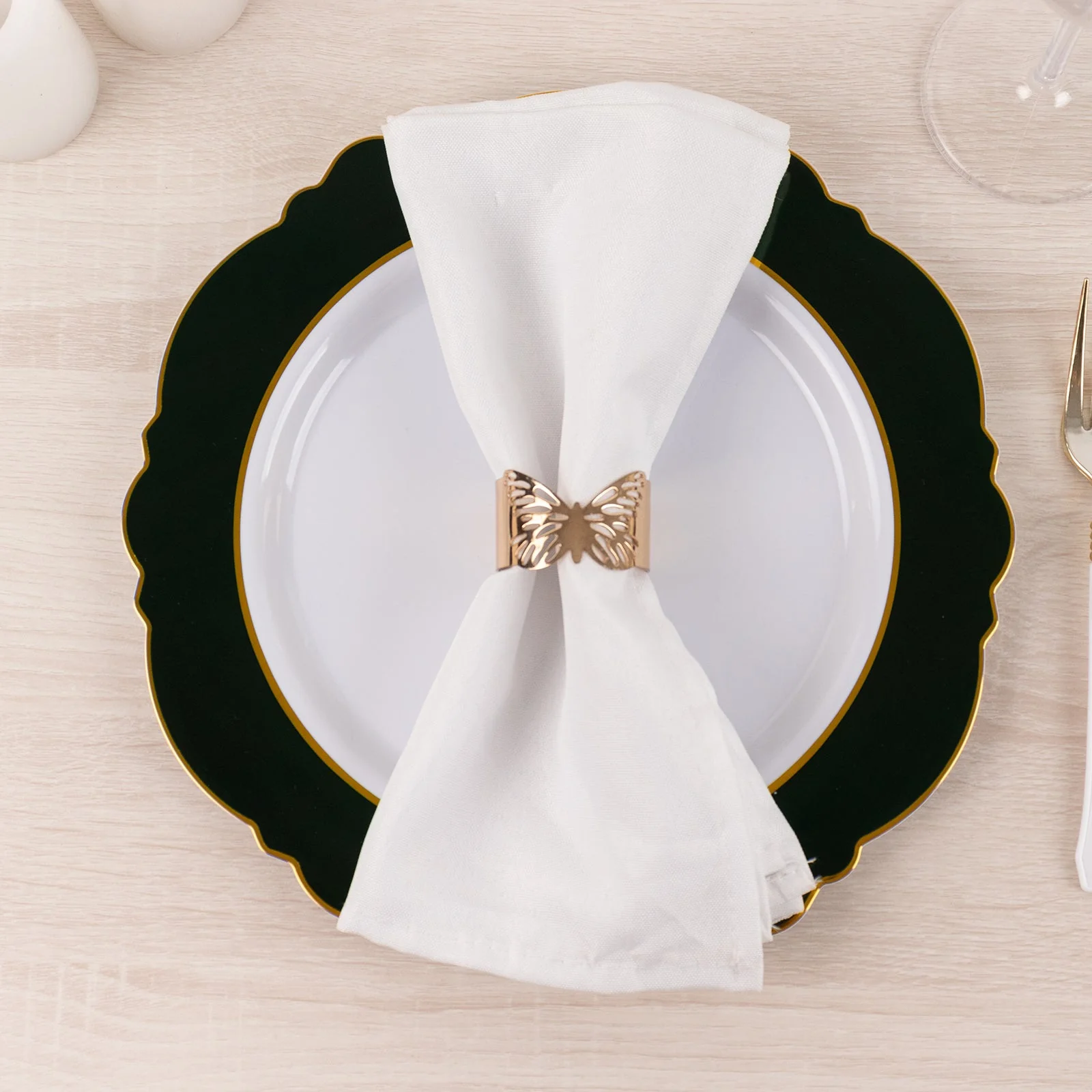 10-Pack Plastic Round Dinner Plates 10" White with Hunter Emerald Green Blossom Design & Gold Edging - Disposable Party Plates - Image 11