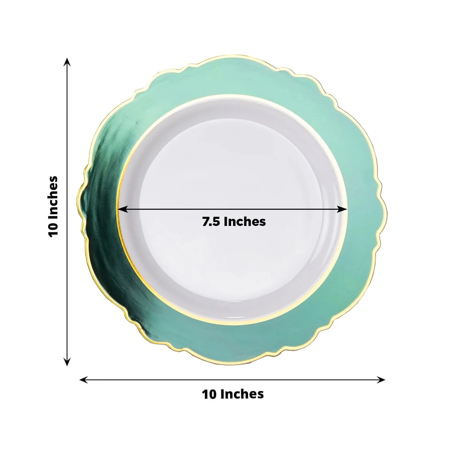 10-Pack Plastic Round Dinner Plates 10" White with Hunter Emerald Green Blossom Design & Gold Edging - Disposable Party Plates - Image 3