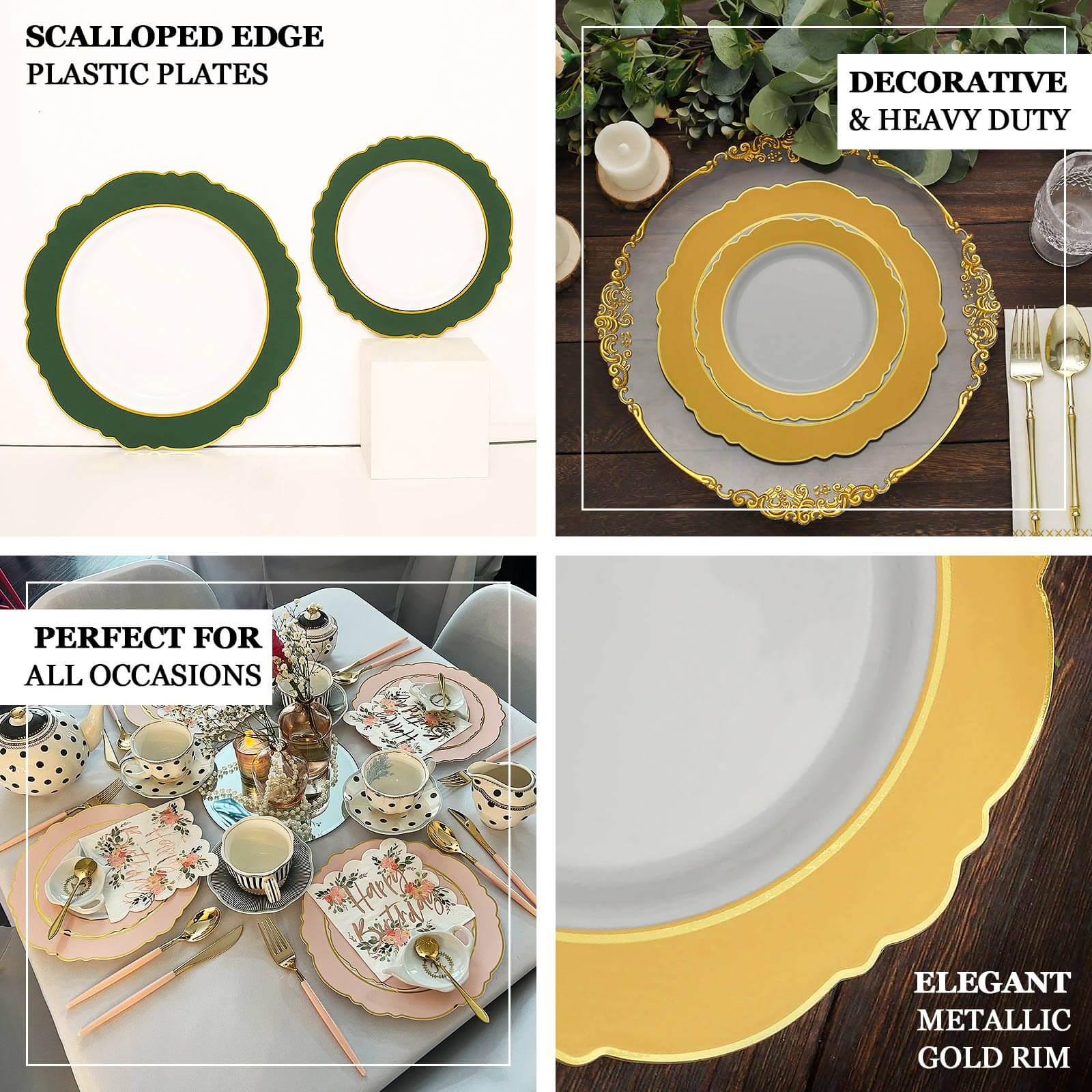 10-Pack Plastic Round Dinner Plates 10" White with Hunter Emerald Green Blossom Design & Gold Edging - Disposable Party Plates - Image 4