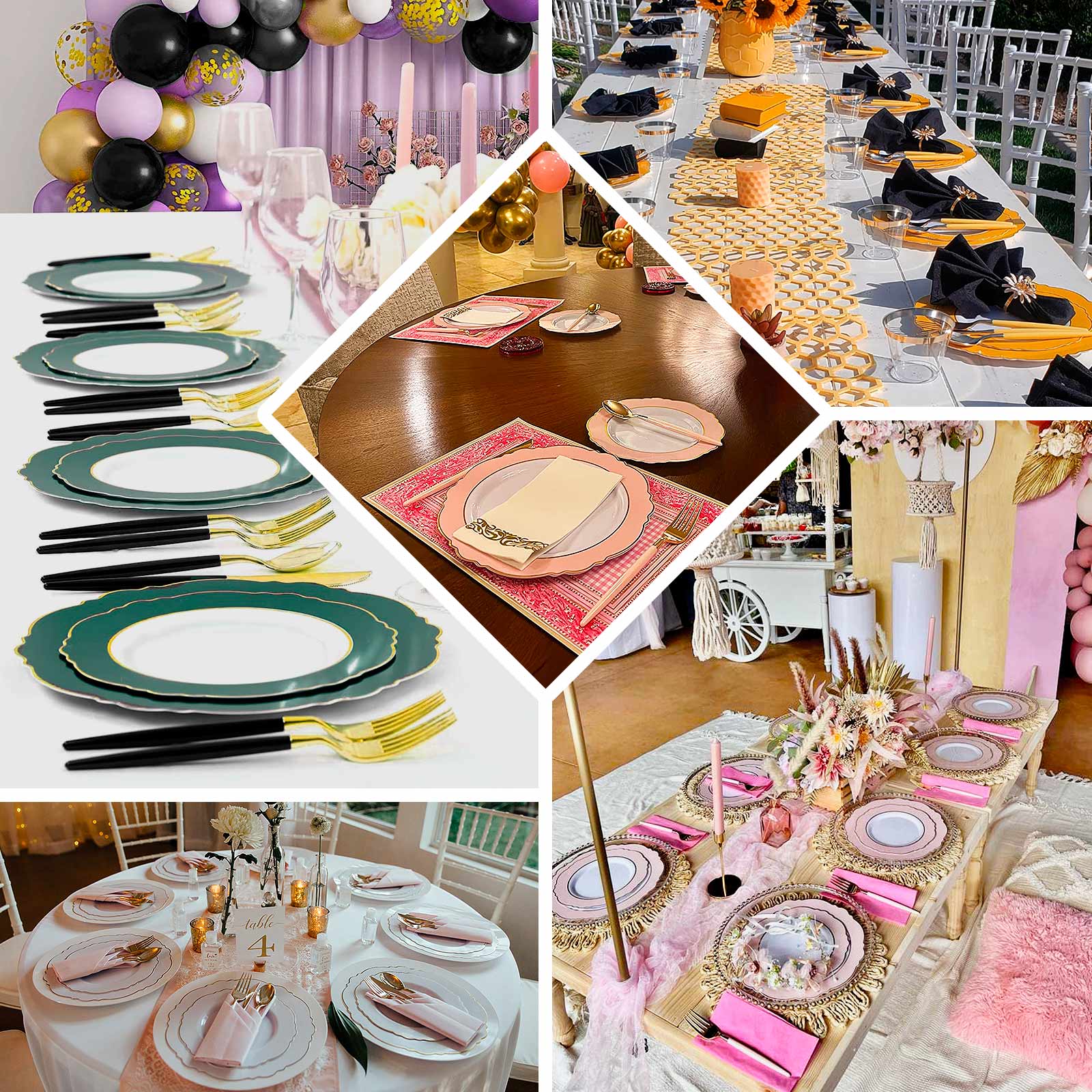 10-Pack Plastic Round Dinner Plates 10" White with Hunter Emerald Green Blossom Design & Gold Edging - Disposable Party Plates - Image 5