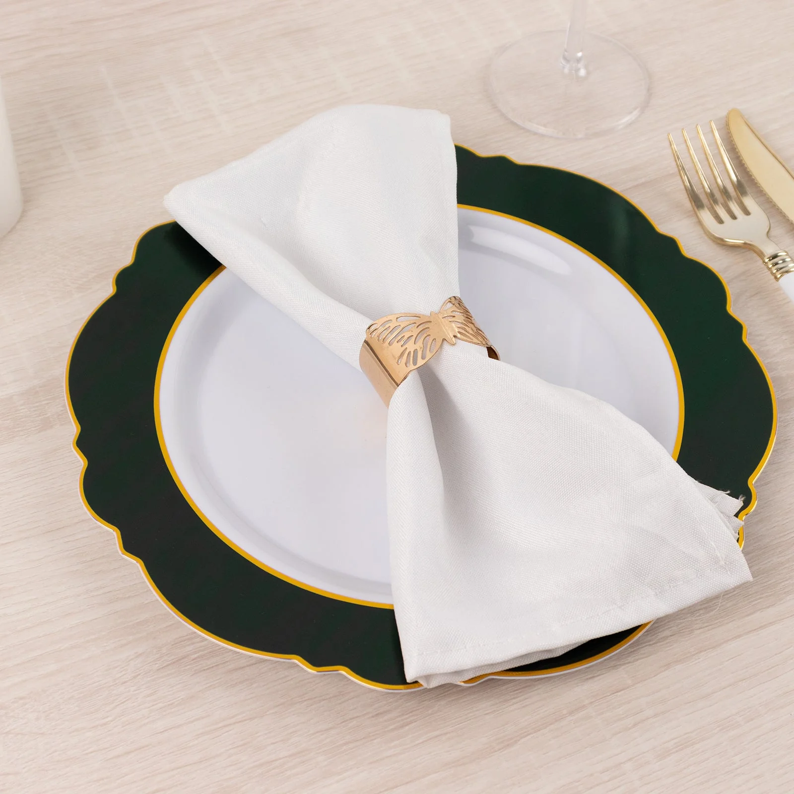 10-Pack Plastic Round Dinner Plates 10" White with Hunter Emerald Green Blossom Design & Gold Edging - Disposable Party Plates - Image 6